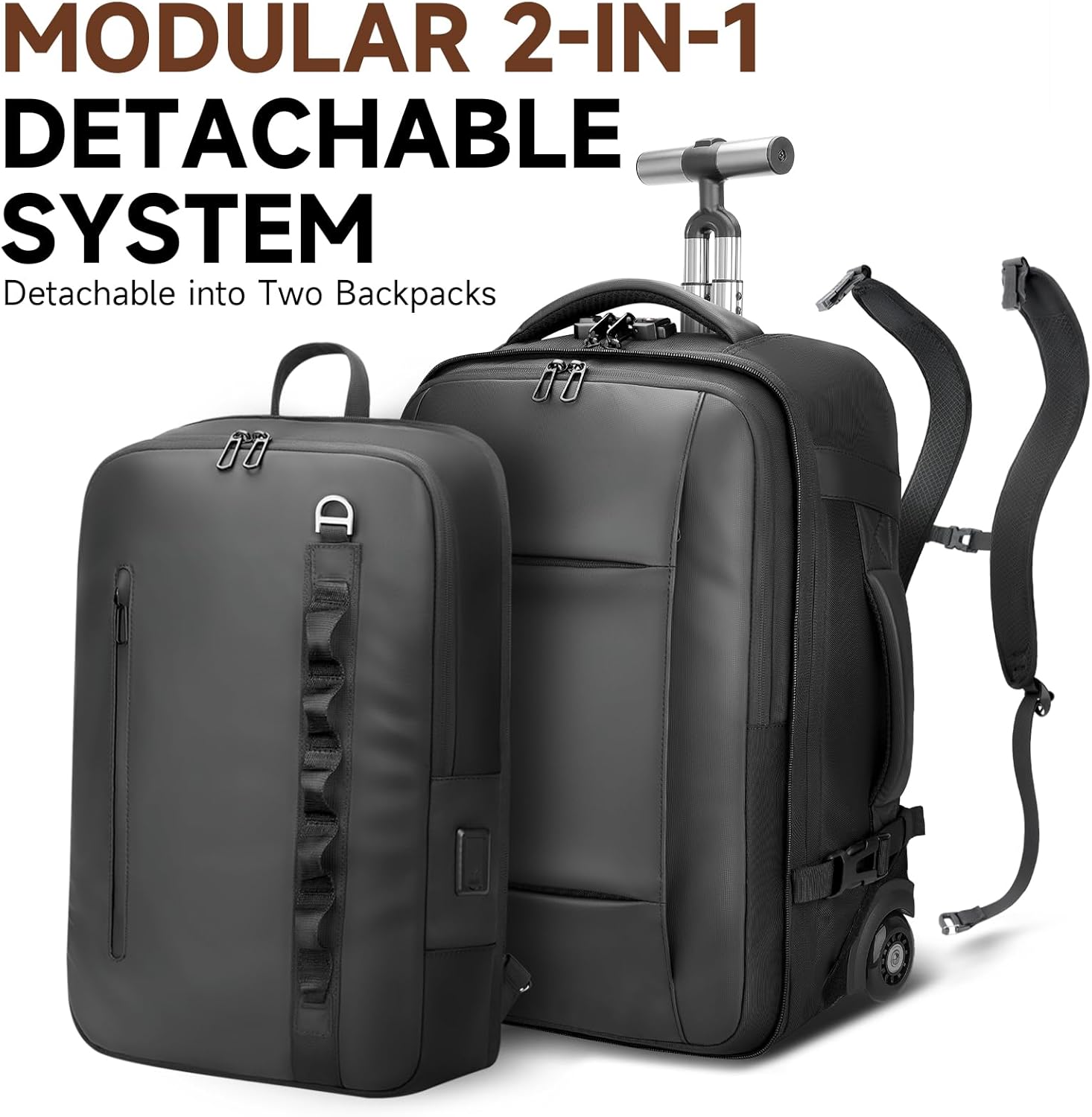 2-in-1 Detachable Carry On Rolling Backpack - Splits into Two Bags for Travel, 50L Wheeled Backpack with 17.3 ″ Padded Laptop Sleeve, USB Charging Ports, TSA Lock, Waterproof Luggage Suitcase - Image 3