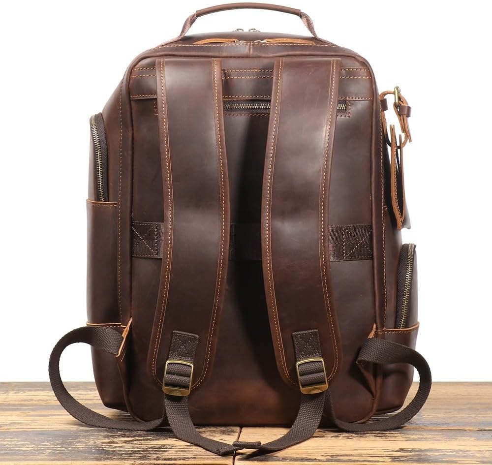 Alice Fan Vintage Genuine Leather 15.6" Laptop Backpack For Men Cowhide Hiking Camping Rucksack Business Travel Daypacks - Image 4