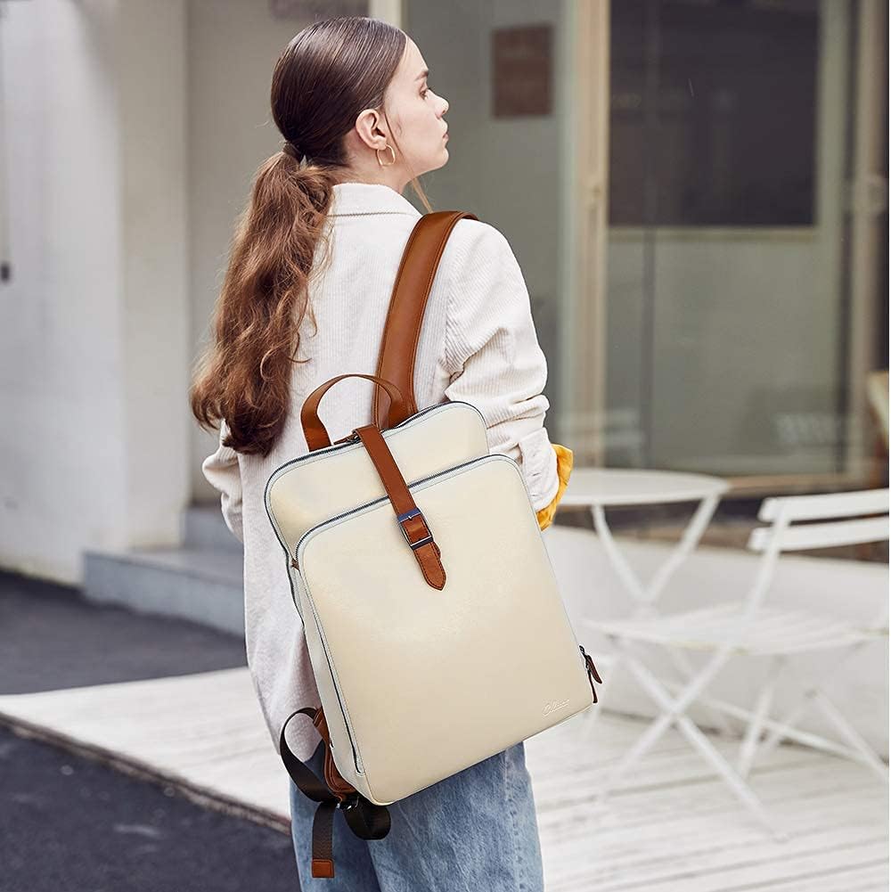 CLUCI Laptop Backpack for Women 15.6 Inch Beige With Brown i##e##s: Leather ^^ Purse ^^ Travel Computer Backpack ^^ Business Bag ^^ College Daypack :i##e##s - Image 2