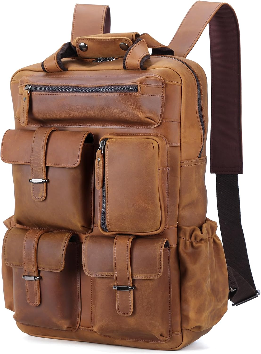 Cowhide Leather Multi Pockets 16 Inch Laptop Backpack Day Pack Travel Bag (Light Brown(Updated Version))