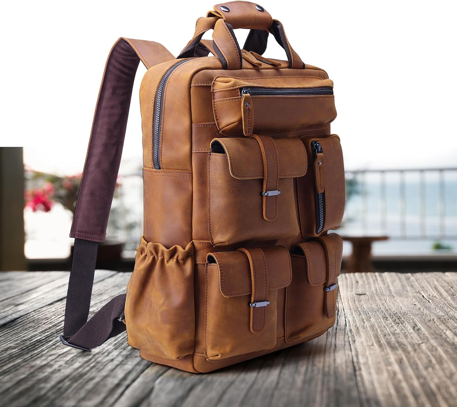 Cowhide Leather Multi Pockets 16 Inch Laptop Backpack Day Pack Travel Bag (Light Brown(Updated Version)) - Image 8