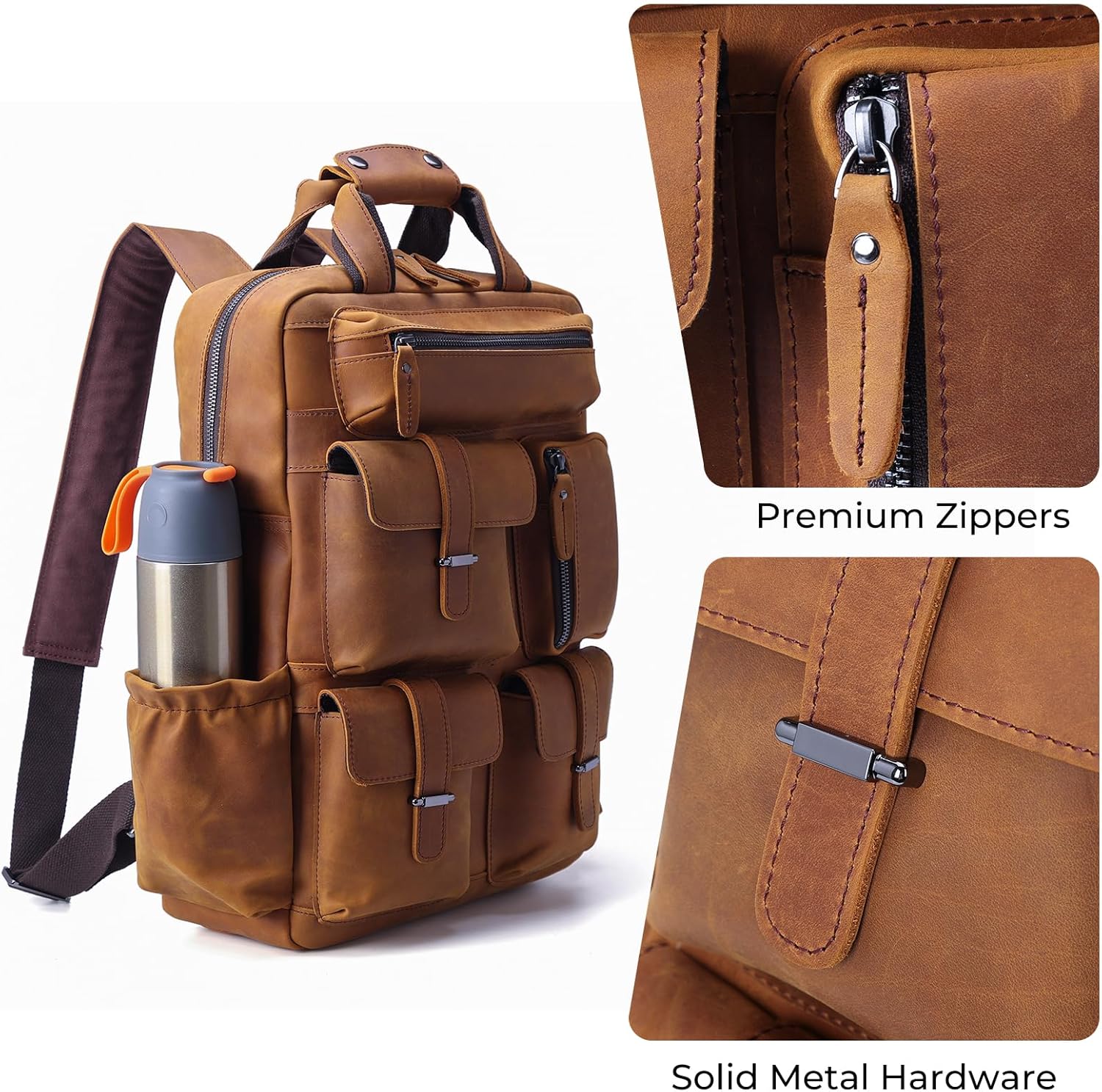 Cowhide Leather Multi Pockets 16 Inch Laptop Backpack Day Pack Travel Bag (Light Brown(Updated Version)) - Image 5