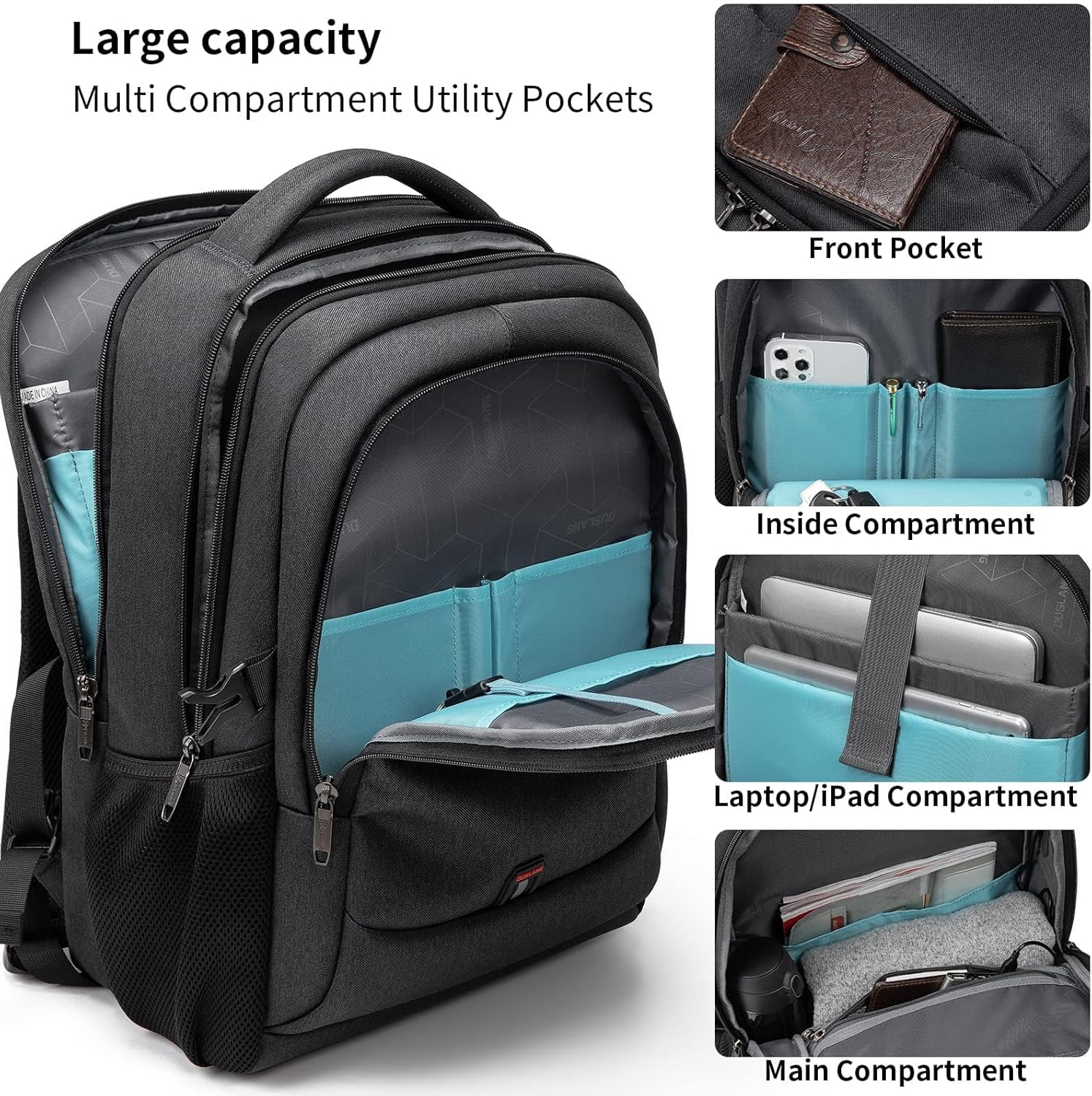 DUSLANG 17 Inch Laptop Backpack for Travel Water Resistant College Backpack for Men\/Women Laptop Bag with USB Charging Port,Black - Image 3