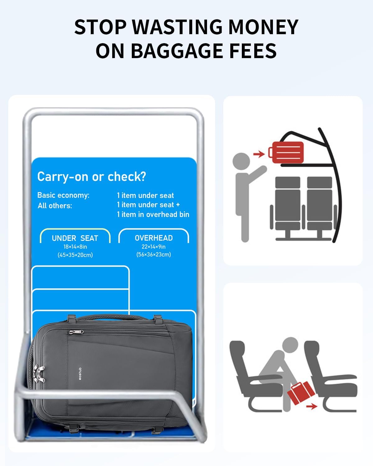 ECOHUB 17'' Travel Backpack, Personal Item Backpack with 13 Pockets, Flight Approved Carry on Backpack with USB Port & Luggage Sleeve, Travel bag for Men & Women, Water Resistant Backpack, Grey - Image 2