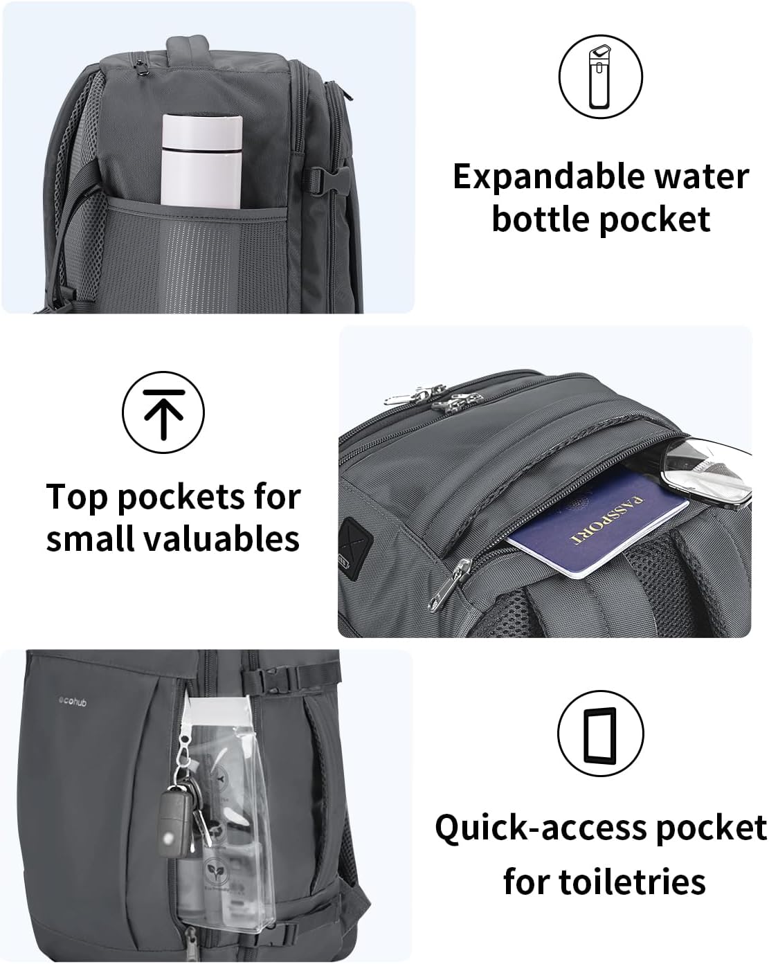 ECOHUB 17'' Travel Backpack, Personal Item Backpack with 13 Pockets, Flight Approved Carry on Backpack with USB Port & Luggage Sleeve, Travel bag for Men & Women, Water Resistant Backpack, Grey - Image 6