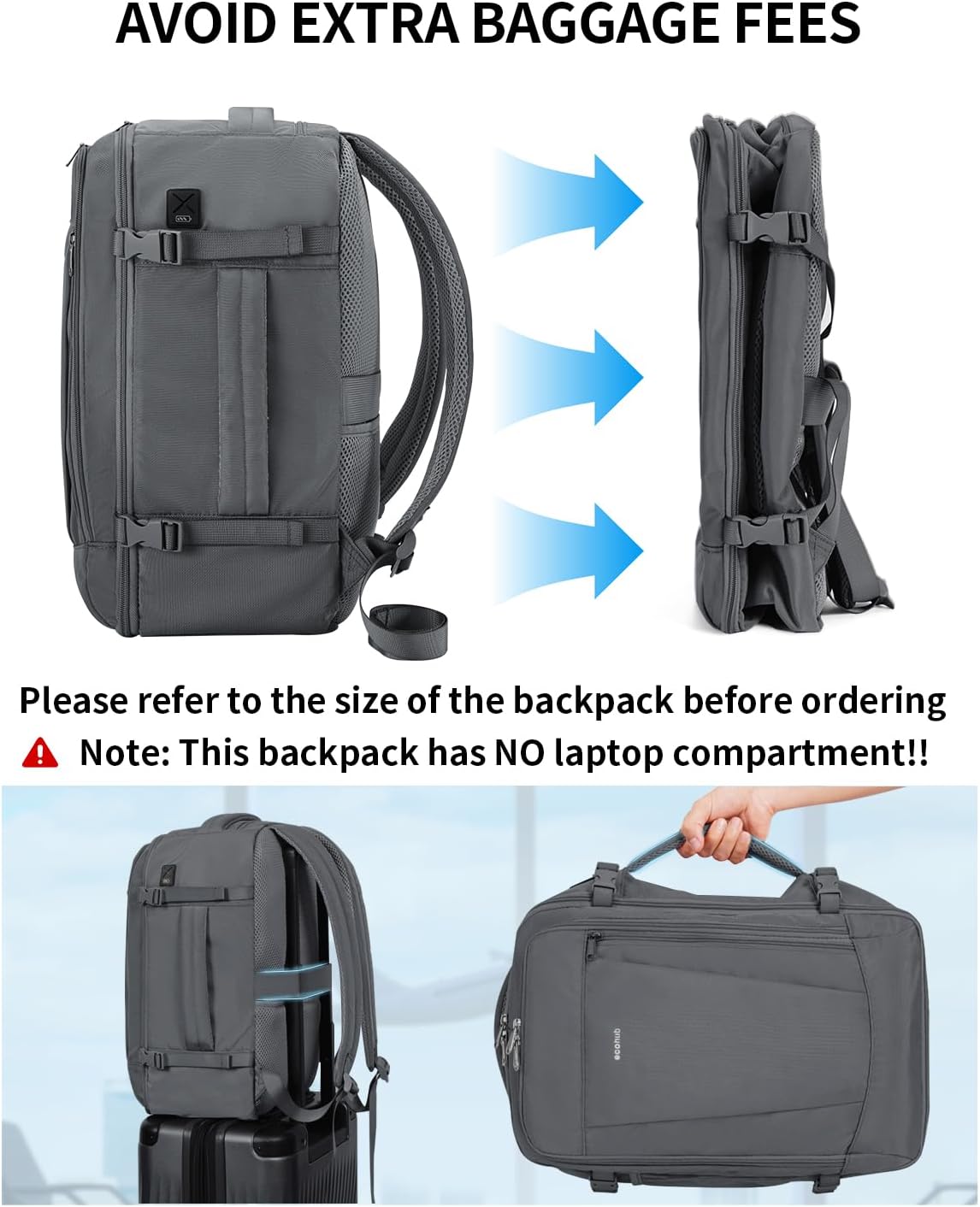 ECOHUB 17'' Travel Backpack, Personal Item Backpack with 13 Pockets, Flight Approved Carry on Backpack with USB Port & Luggage Sleeve, Travel bag for Men & Women, Water Resistant Backpack, Grey - Image 7