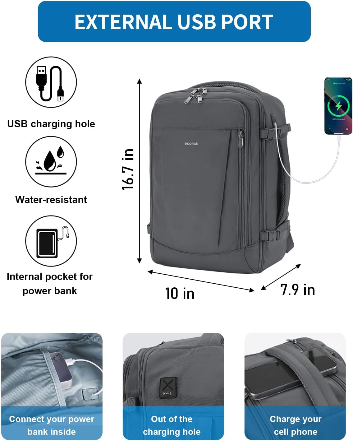 ECOHUB 17'' Travel Backpack, Personal Item Backpack with 13 Pockets, Flight Approved Carry on Backpack with USB Port & Luggage Sleeve, Travel bag for Men & Women, Water Resistant Backpack, Grey - Image 3