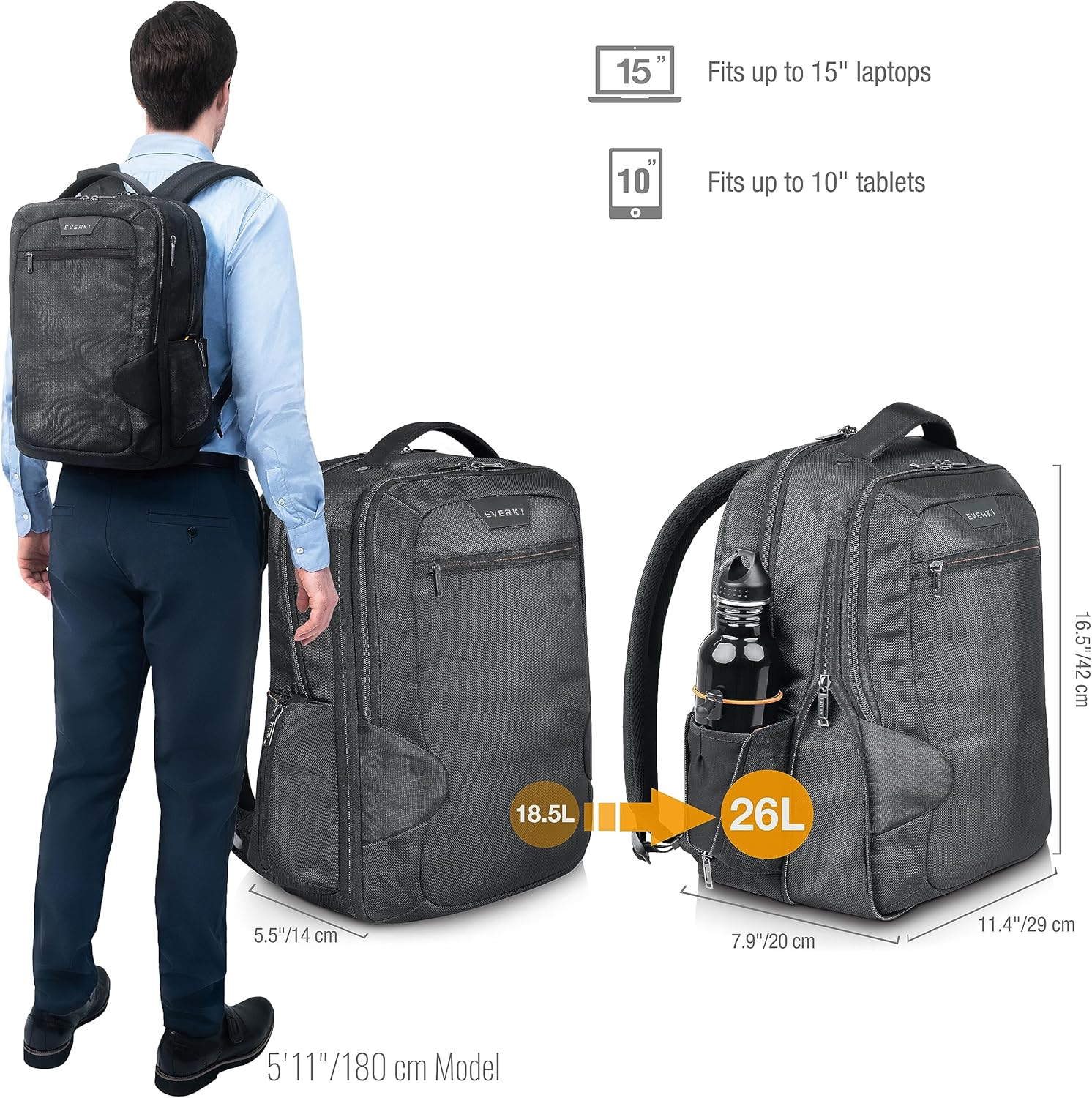 EVERKI Studio Expandable Laptop Backpack for Men & Women – Business and Travel Backpack, Carry-On Backpack for Office & Travel, Professional Backpack, 15-Inch MacBook & Laptop Bag, 26L Capacity, Black - Image 2