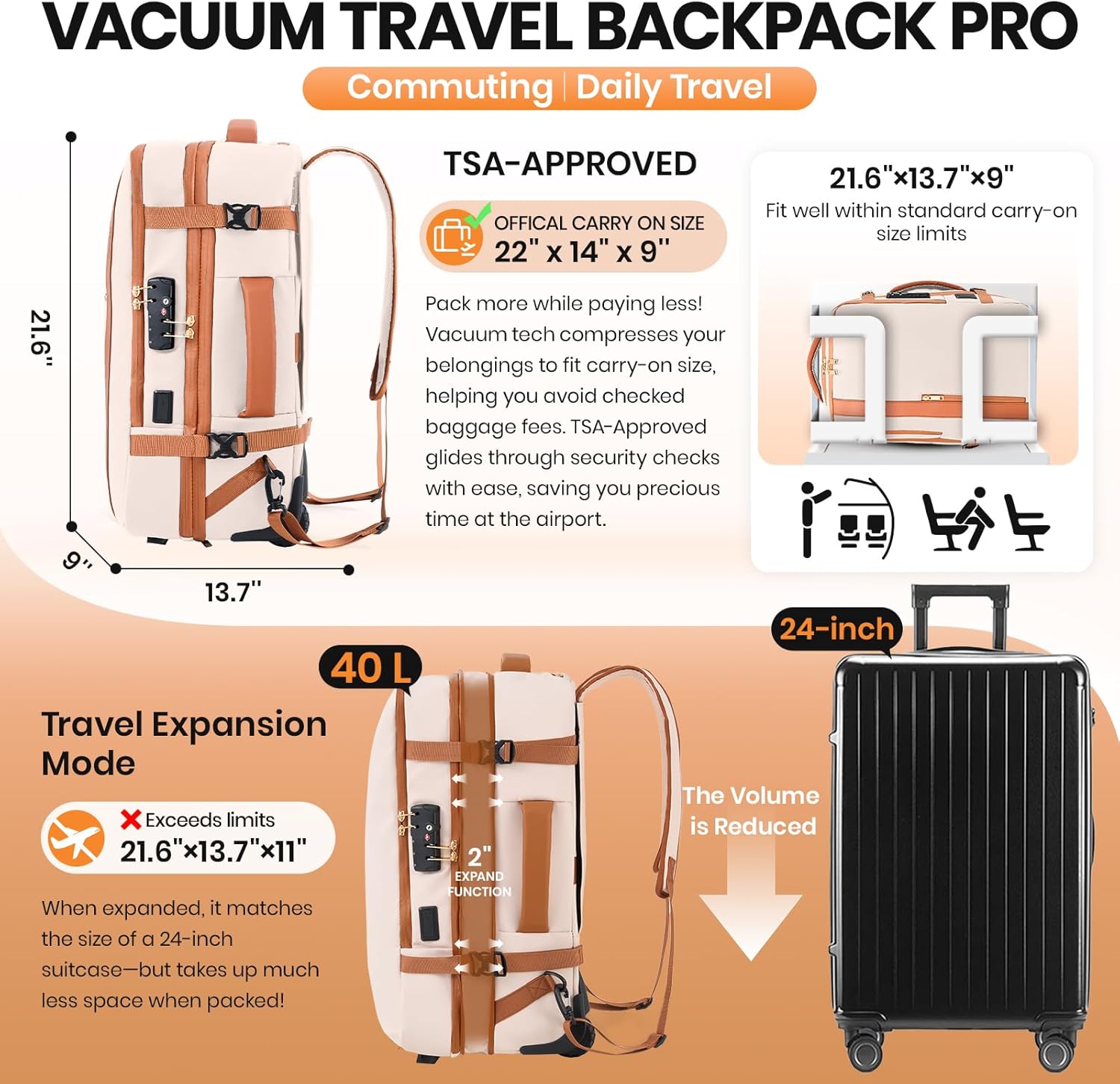 Fanwoli Vacuum Rolling Travel Backpack, Carry On Luggage with TSA Lock & Anti Theft Zipper, 70L Expandable Airback with Compression Pump, Waterproof Laptop Bag Ideal for Flight & Business,White - Image 3