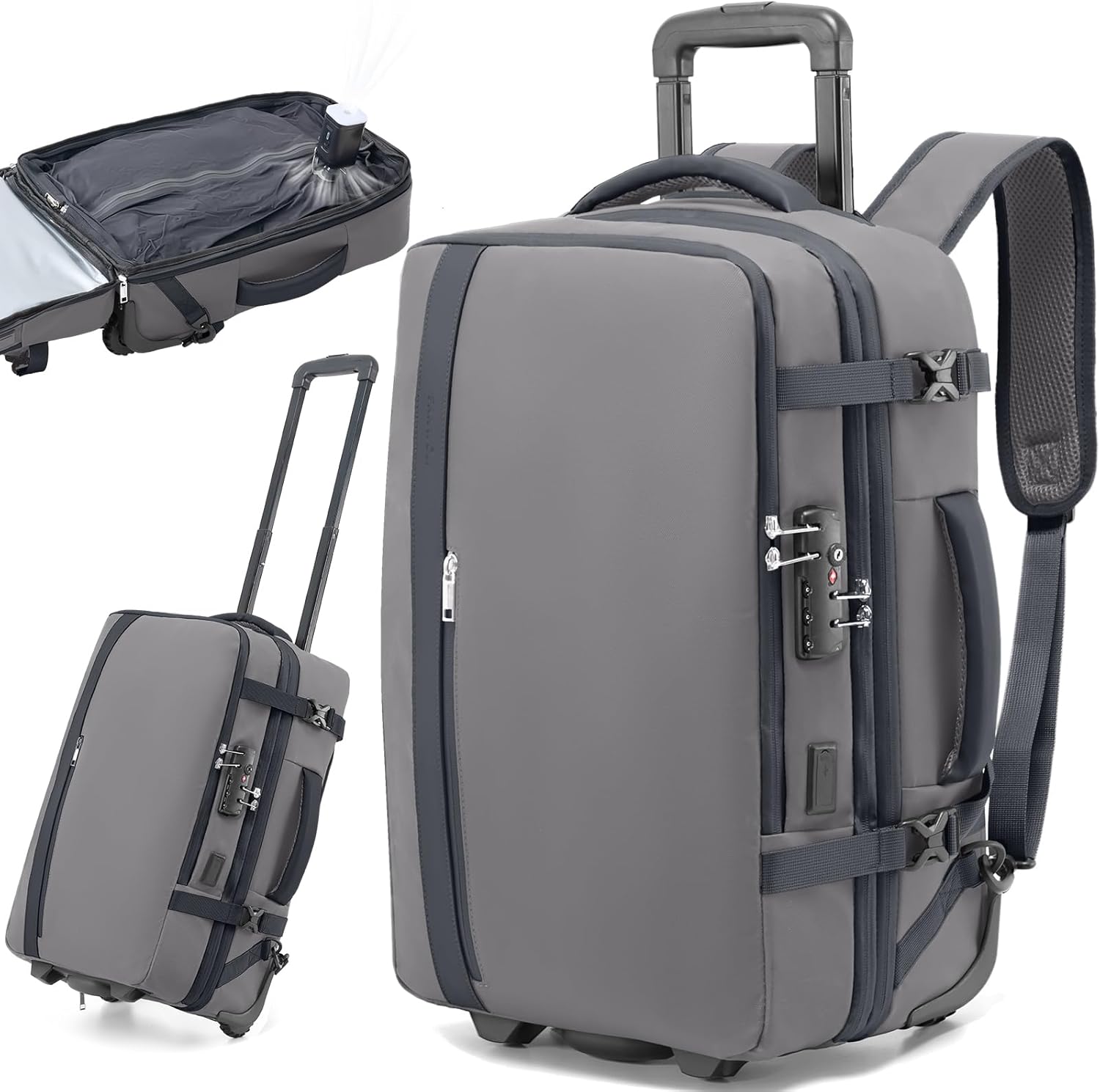 Fanwoli Vacuum Rolling Travel Backpack, Carry On Luggage with TSA Lock & Anti Theft Zipper, 70L Expandable Airback with Compression Pump, Waterproof Laptop Bag Ideal for Flight & Business,White - Image 9