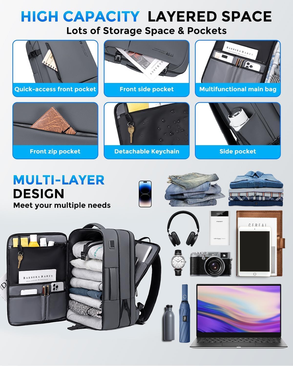 Fenree.geer 17.3 Inch Travel Laptop Backpack for Men, Water Resistant Carry On Backpack with USB Port, Expandable Computer Daypack, Grey Business Backpack for College\/Work - Image 5