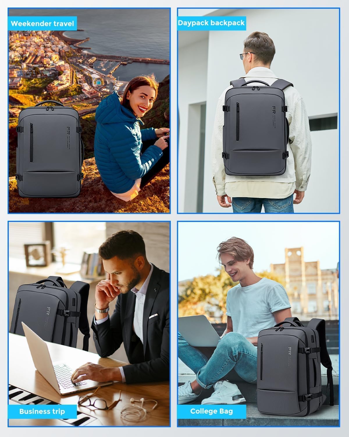 Fenree.geer 17.3 Inch Travel Laptop Backpack for Men, Water Resistant Carry On Backpack with USB Port, Expandable Computer Daypack, Grey Business Backpack for College\/Work - Image 8