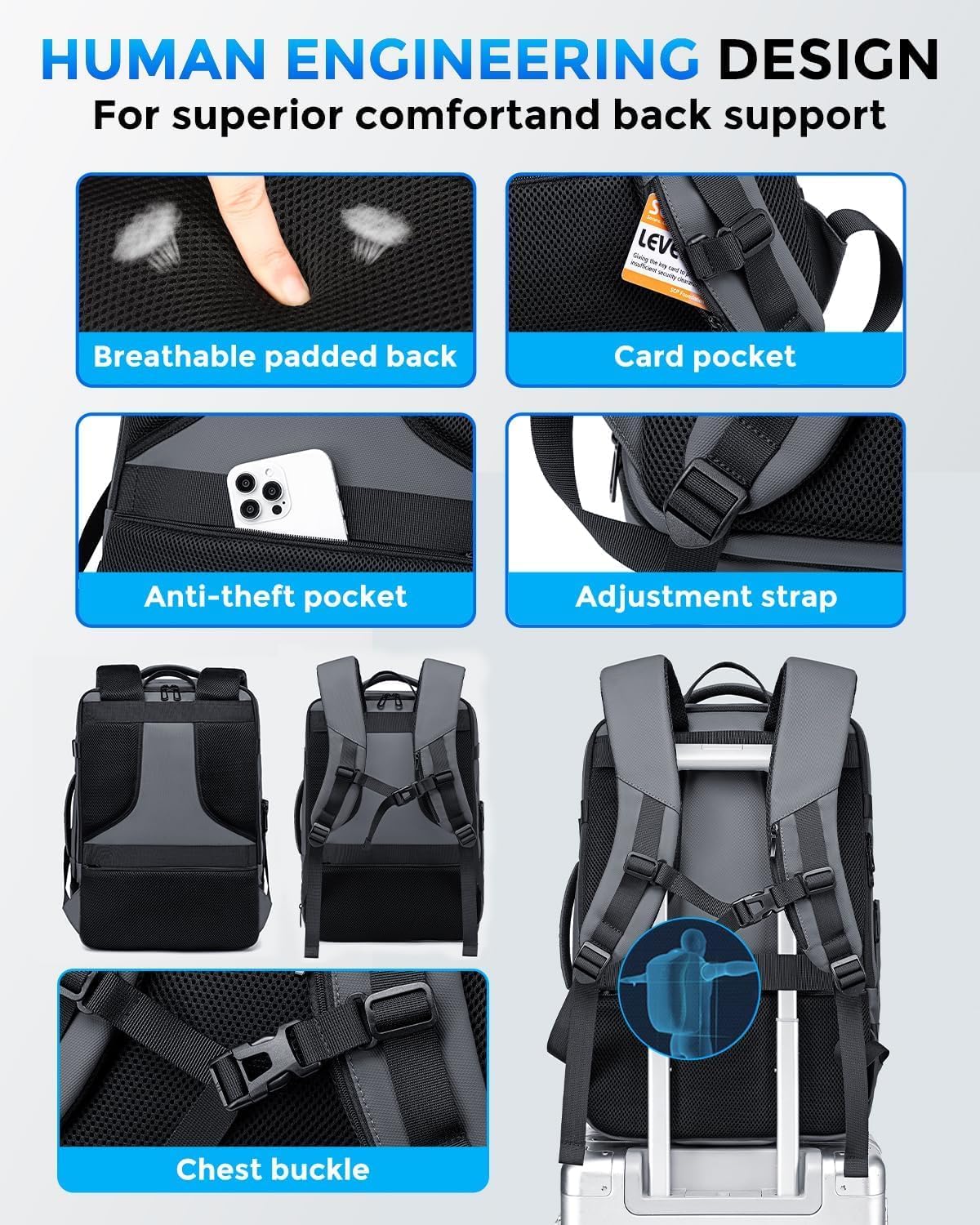 Fenree.geer 17.3 Inch Travel Laptop Backpack for Men, Water Resistant Carry On Backpack with USB Port, Expandable Computer Daypack, Grey Business Backpack for College\/Work - Image 4