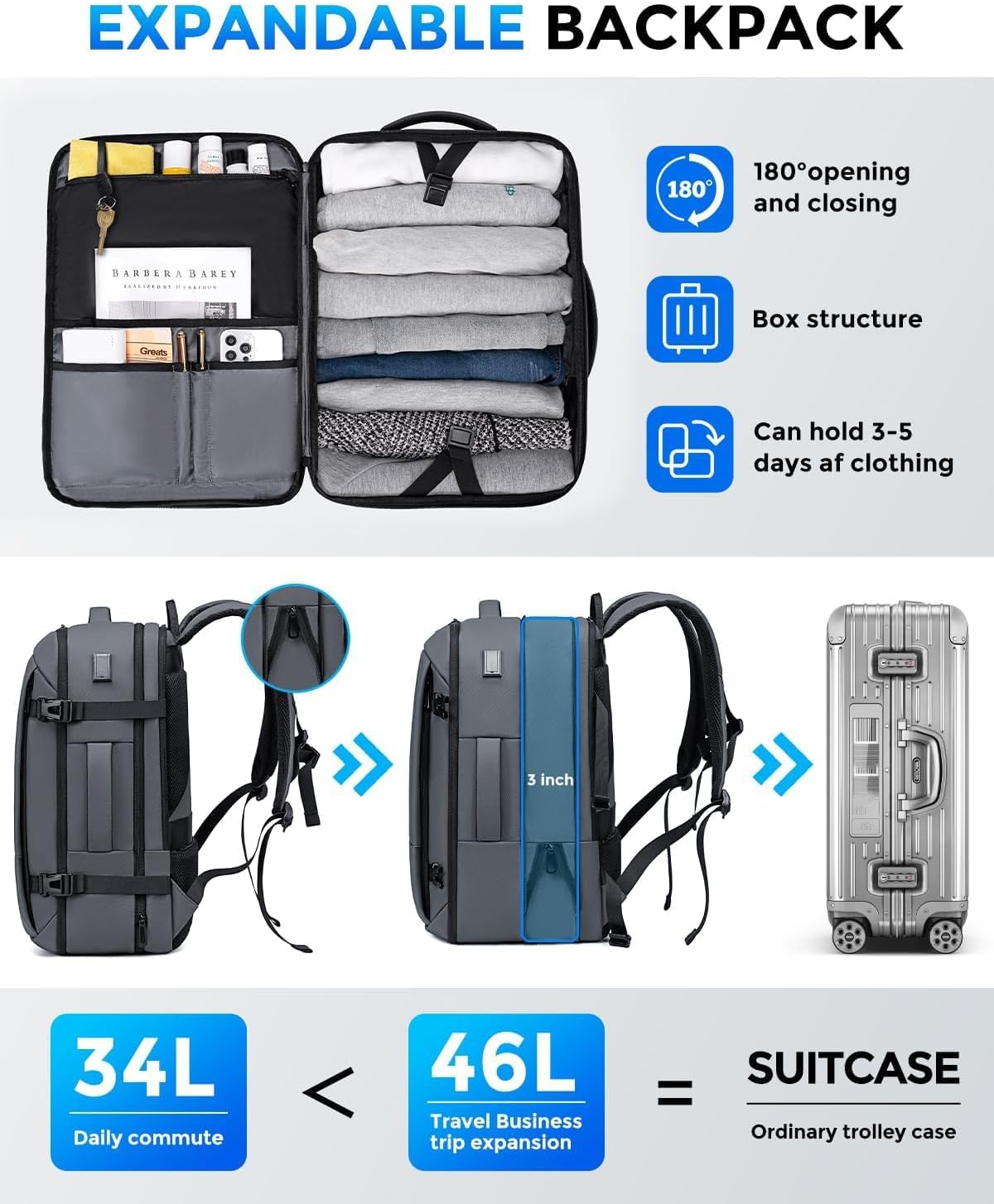 Fenree.geer 17.3 Inch Travel Laptop Backpack for Men, Water Resistant Carry On Backpack with USB Port, Expandable Computer Daypack, Grey Business Backpack for College\/Work - Image 3