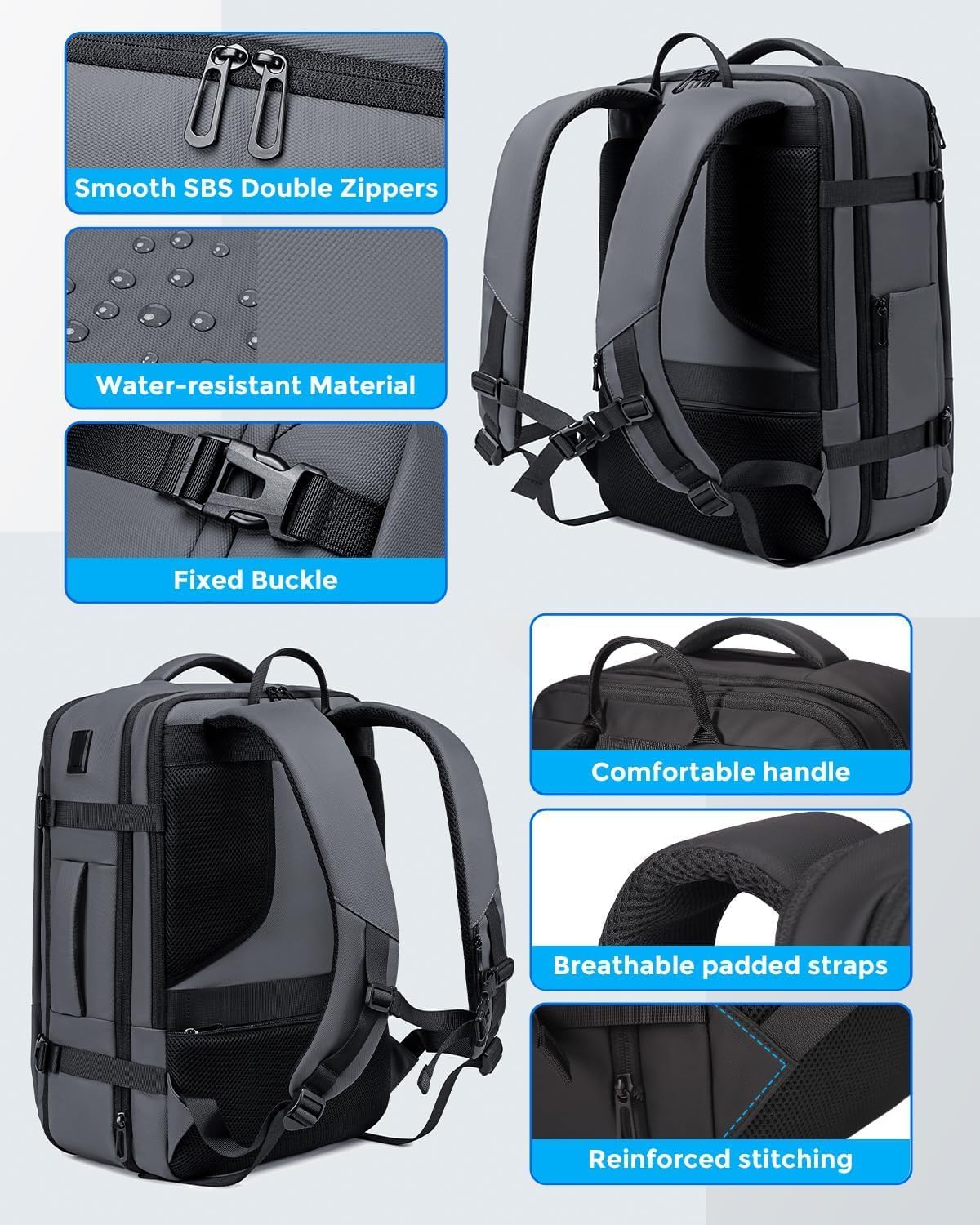 Fenree.geer 17.3 Inch Travel Laptop Backpack for Men, Water Resistant Carry On Backpack with USB Port, Expandable Computer Daypack, Grey Business Backpack for College\/Work - Image 7