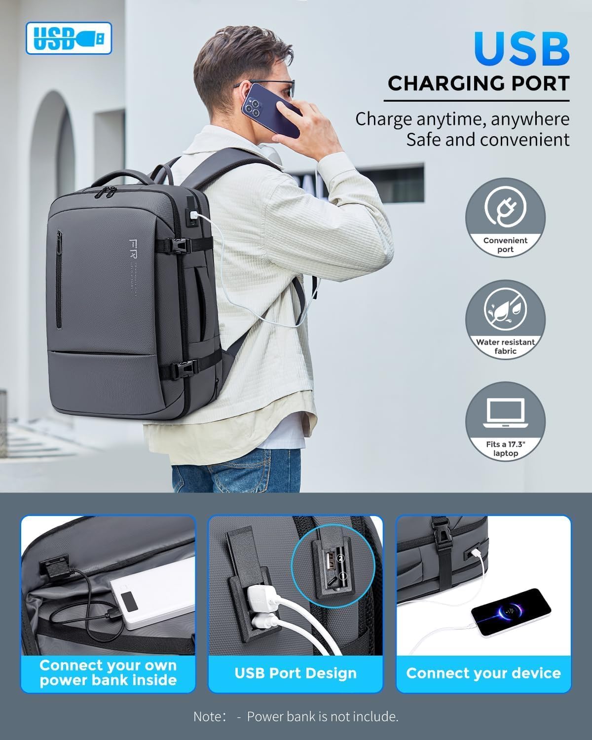 Fenree.geer 17.3 Inch Travel Laptop Backpack for Men, Water Resistant Carry On Backpack with USB Port, Expandable Computer Daypack, Grey Business Backpack for College\/Work - Image 6