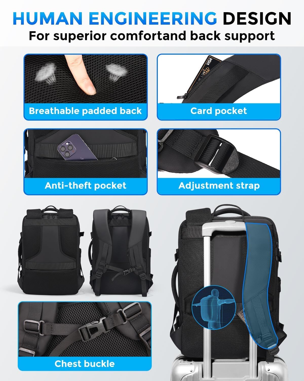 Fenree.geer Travel Backpack for Men, Flight Approved Carry On Luggage Backpack with USB Port, Water Resistant Expandable Computer Daypack, 17.3 Inch Black Business Laptop Backpack for College\/Work - Image 4