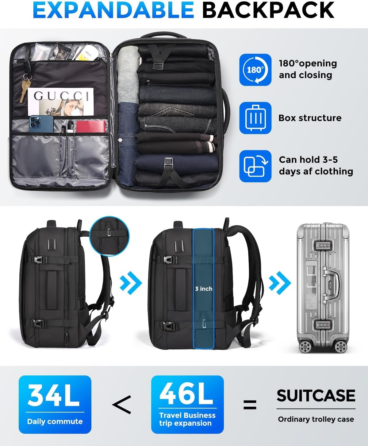 Fenree.geer Travel Backpack for Men, Flight Approved Carry On Luggage Backpack with USB Port, Water Resistant Expandable Computer Daypack, 17.3 Inch Black Business Laptop Backpack for College\/Work - Image 3