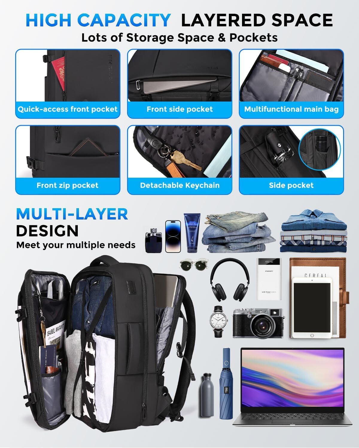 Fenree.geer Travel Backpack for Men, Flight Approved Carry On Luggage Backpack with USB Port, Water Resistant Expandable Computer Daypack, 17.3 Inch Black Business Laptop Backpack for College\/Work - Image 5