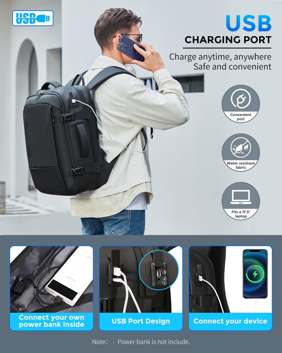 Fenree.geer Travel Backpack for Men, Flight Approved Carry On Luggage Backpack with USB Port, Water Resistant Expandable Computer Daypack, 17.3 Inch Black Business Laptop Backpack for College\/Work - Image 6