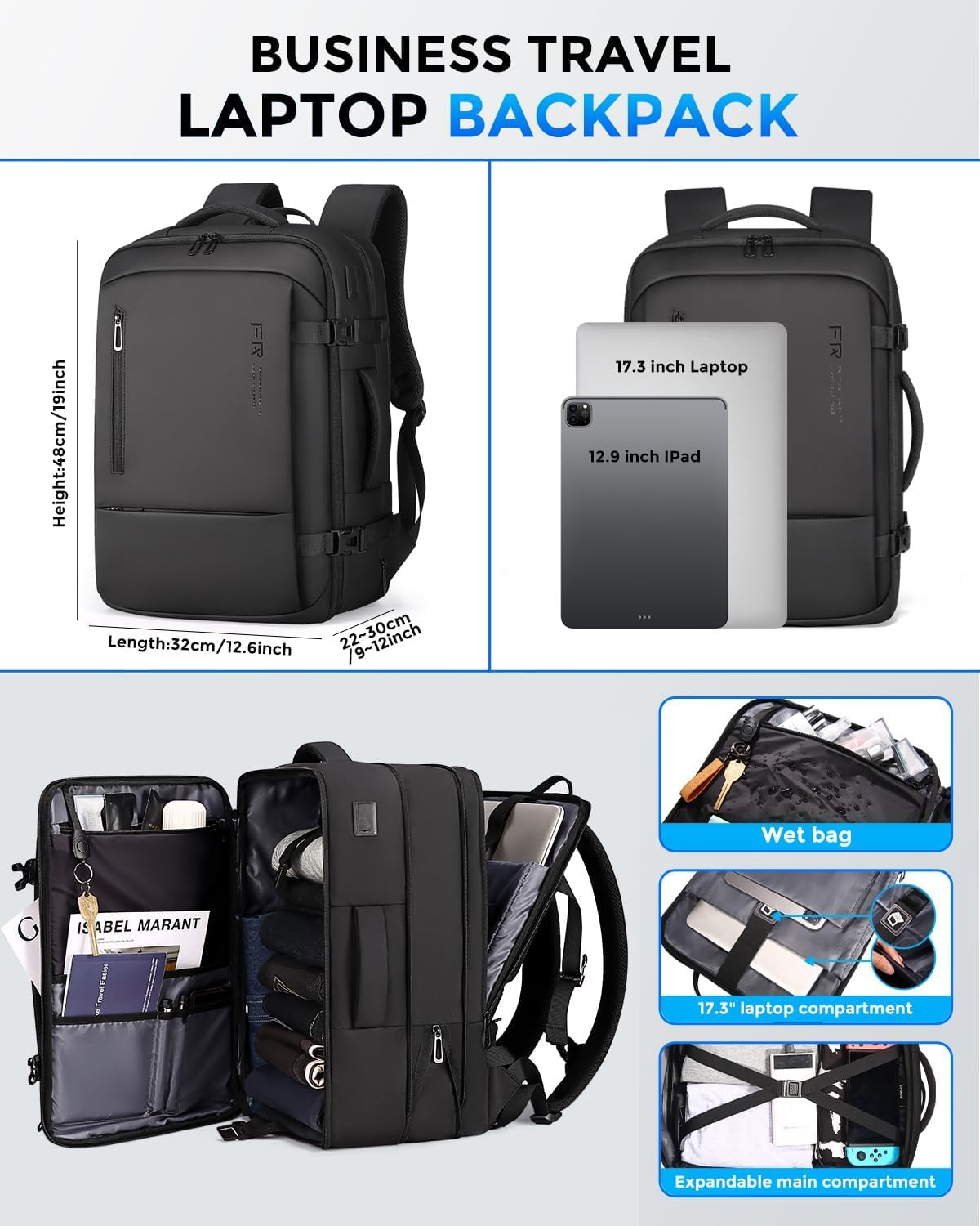 Fenree.geer Travel Backpack for Men, Flight Approved Carry On Luggage Backpack with USB Port, Water Resistant Expandable Computer Daypack, 17.3 Inch Black Business Laptop Backpack for College\/Work - Image 2