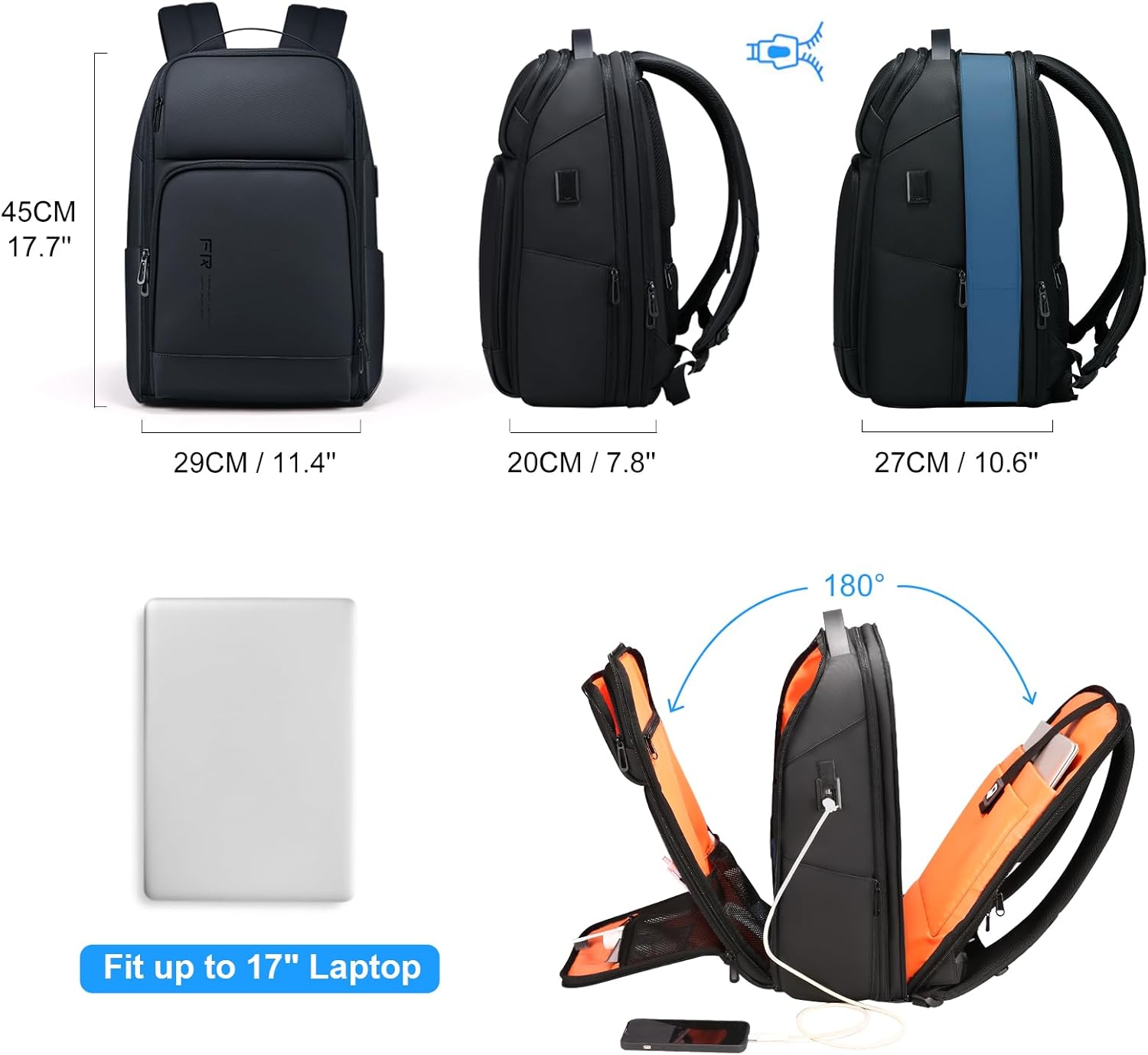 FENRUIEN 17 Inch Computer Backpack Travel Backpack for Men, Black i##e##s: Expandable ^^ Water Resistant ^^ with USB Port ^^ Laptop Bag ^^ for Business ^^ for College ^^ for Work :i##e##s - Image 2
