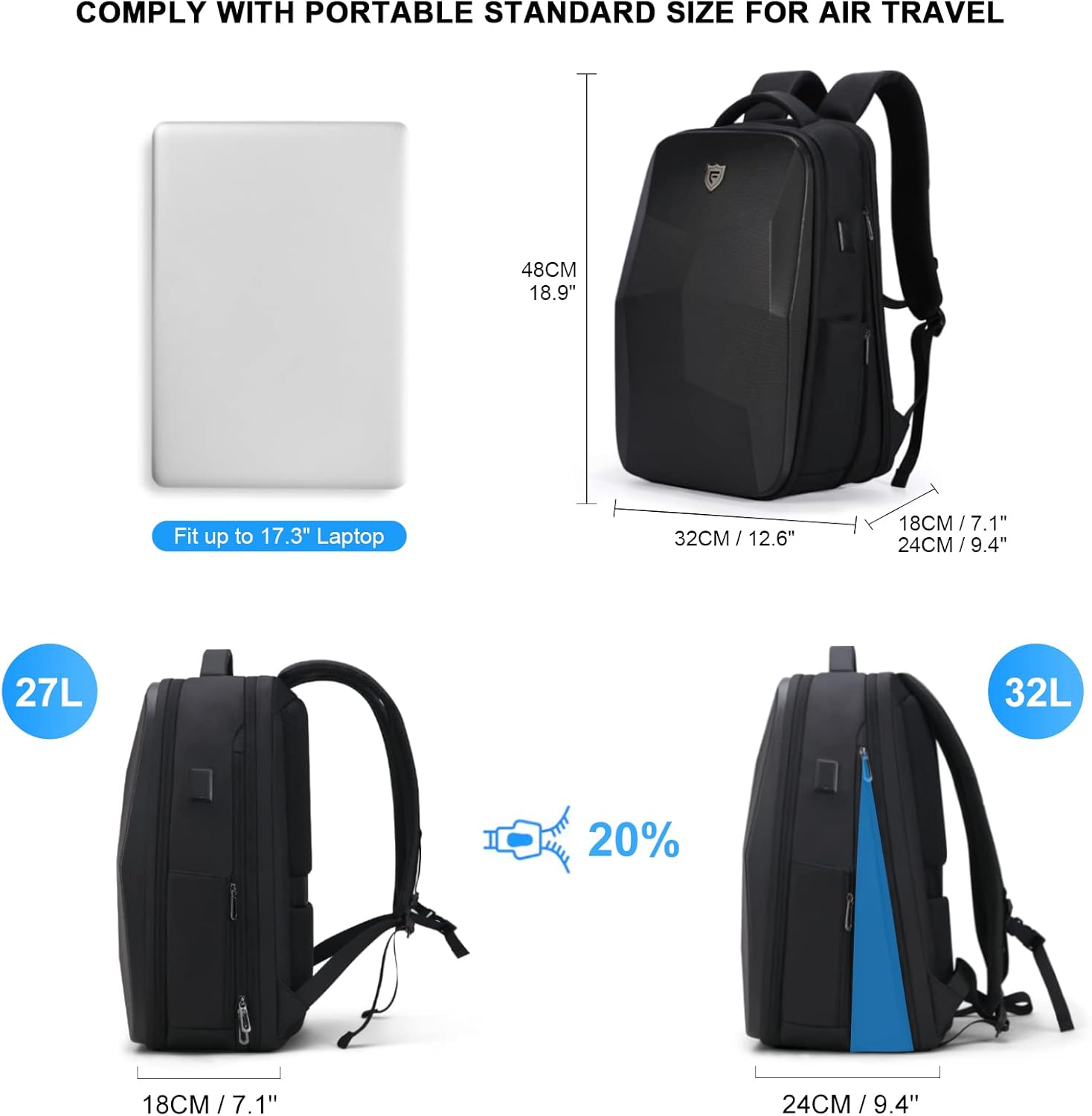 FENRUIEN Hardshell Backpack Expandable,Anti Theft Laptop Backpack for Men with USB Port,Water Resistant Computer Bag 17.3 Inch for Travel\/Business - Image 2