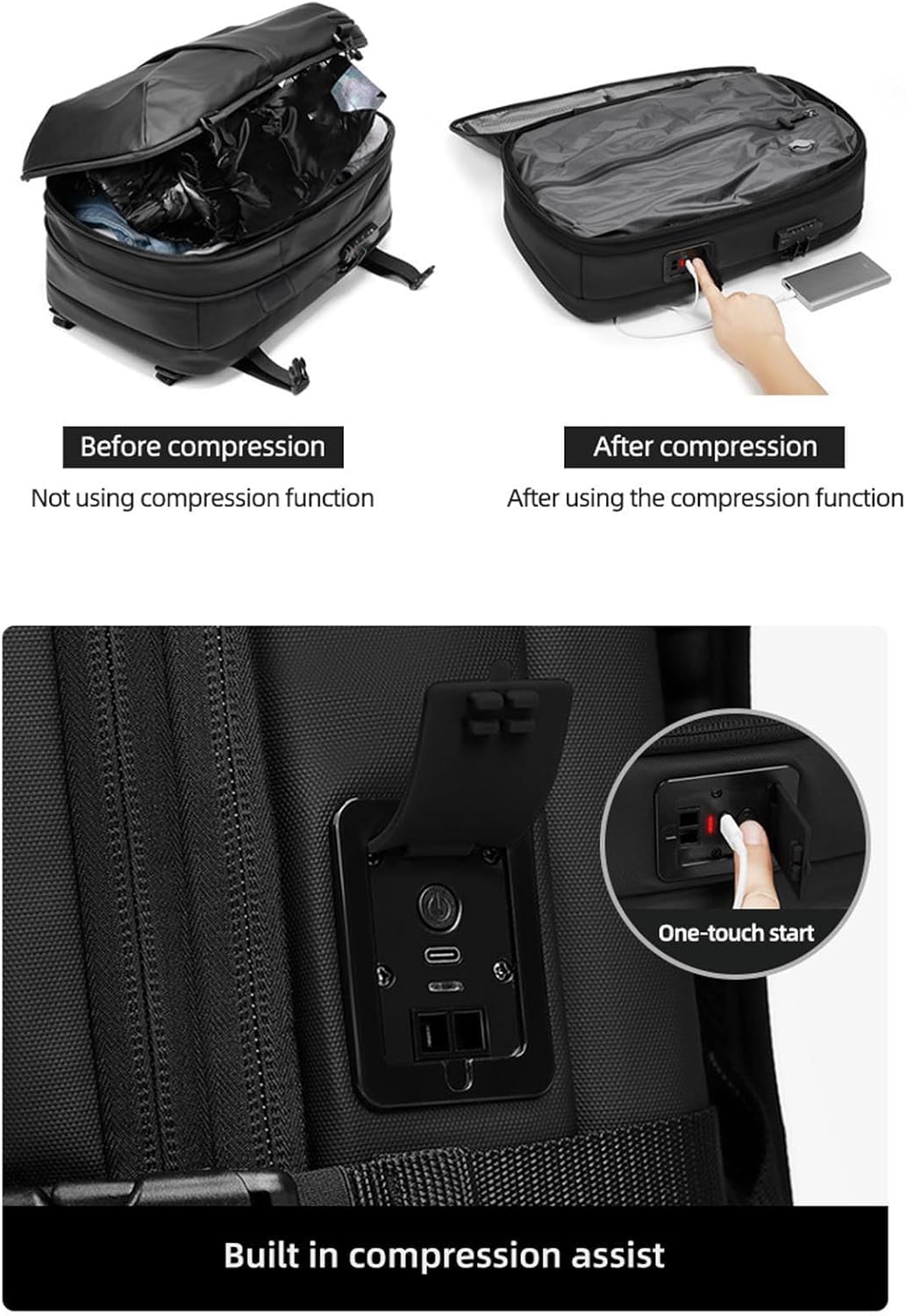 FOSA Vacuum Seal Compression Travel Backpack, 60L Vacuum Seal Bags for Clothing, Expandable Electric Vacuum Backpacks, with Combination Lock, Black, 25L-60L - Image 5