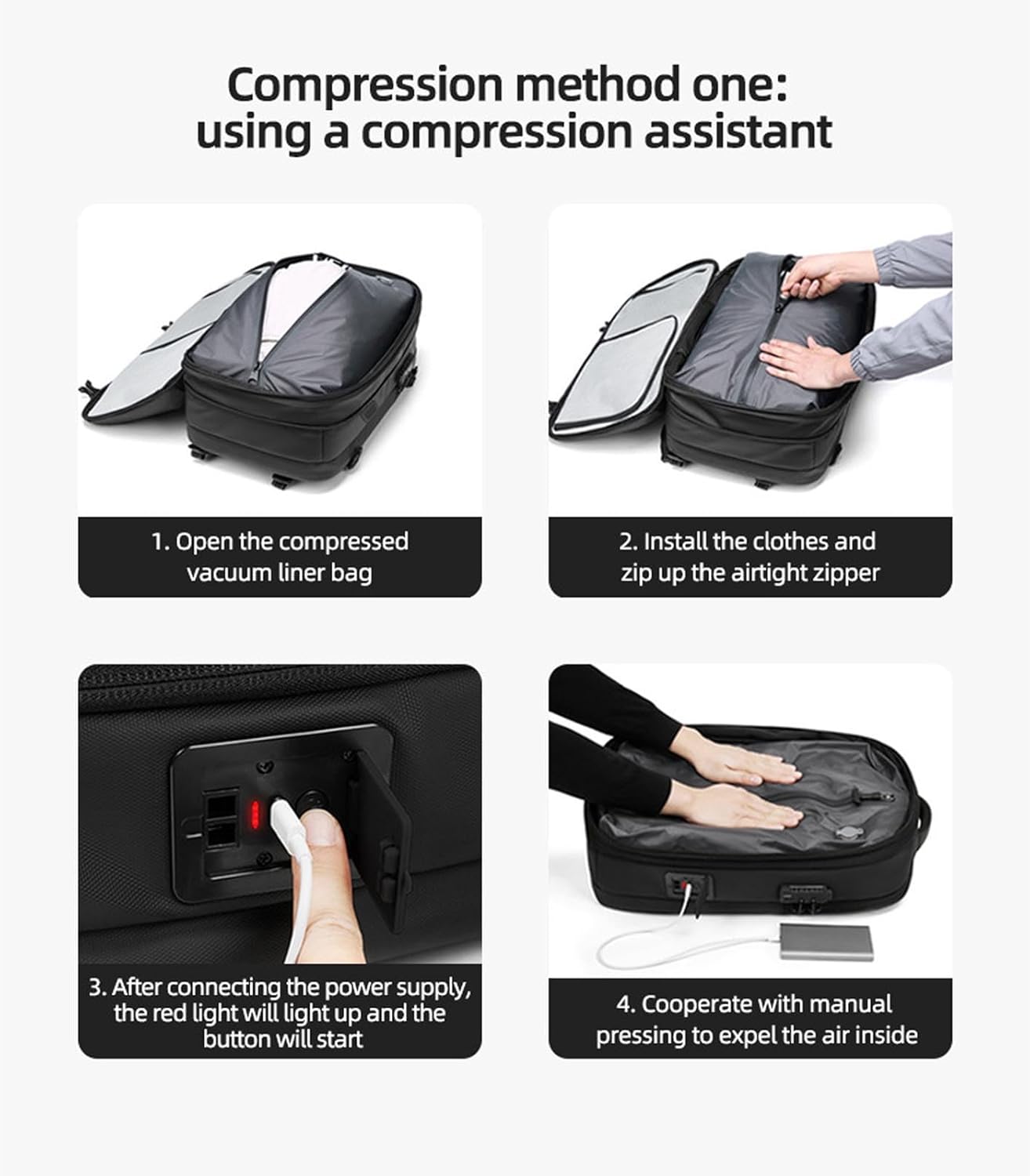 FOSA Vacuum Seal Compression Travel Backpack, 60L Vacuum Seal Bags for Clothing, Expandable Electric Vacuum Backpacks, with Combination Lock, Black, 25L-60L - Image 8