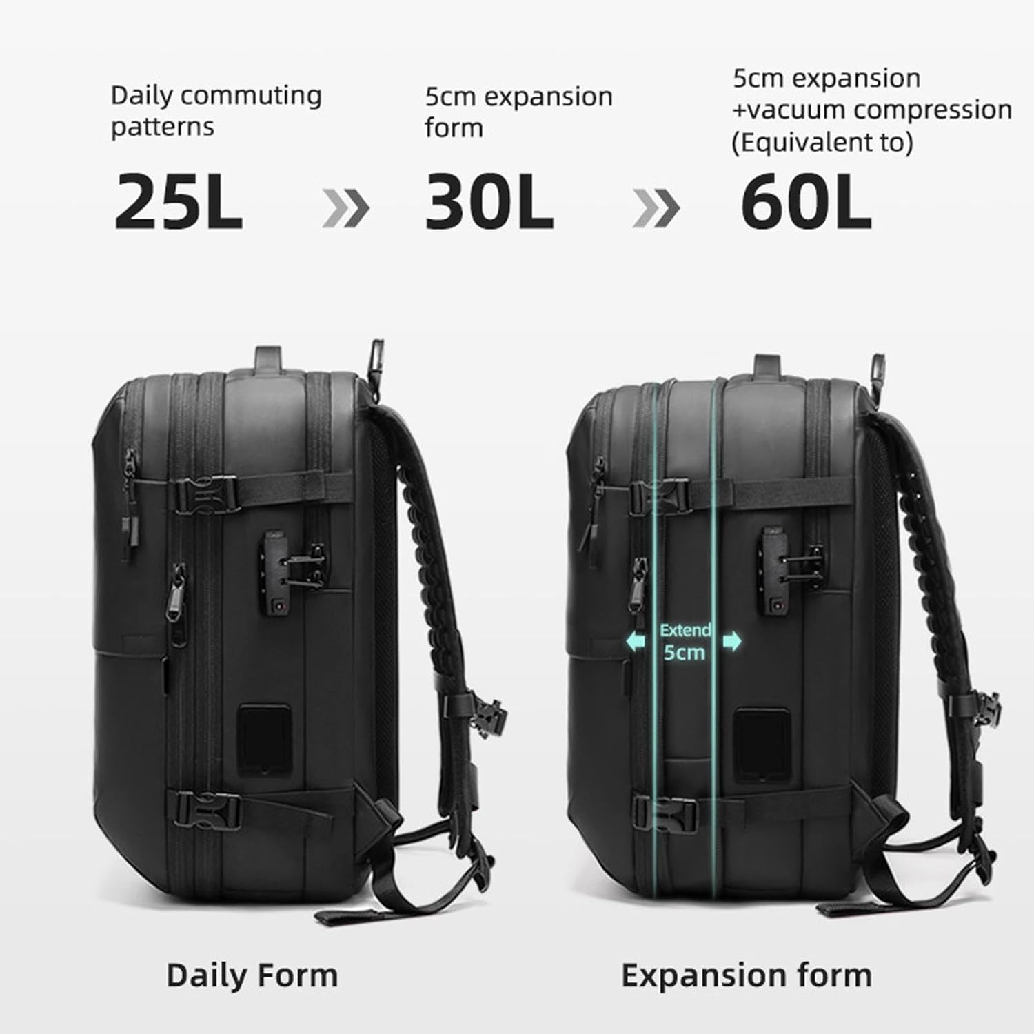 FOSA Vacuum Seal Compression Travel Backpack, 60L Vacuum Seal Bags for Clothing, Expandable Electric Vacuum Backpacks, with Combination Lock, Black, 25L-60L - Image 2