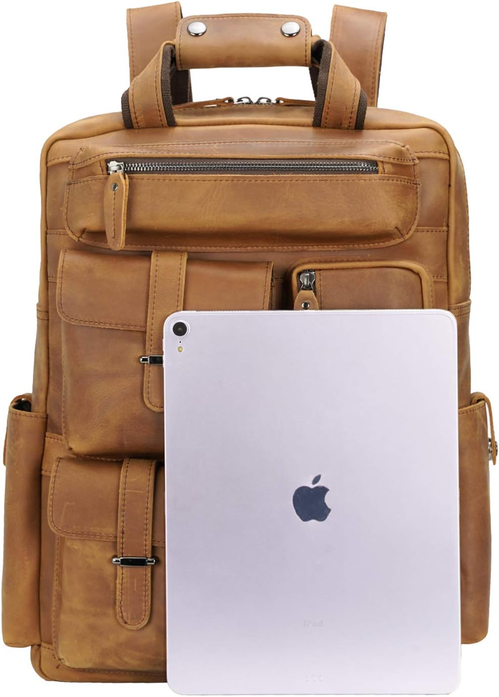 Full Grain Cowhide Leather Multi Pockets 16 Inch Laptop Backpack Travel Bag with YKK Zippers - Image 8