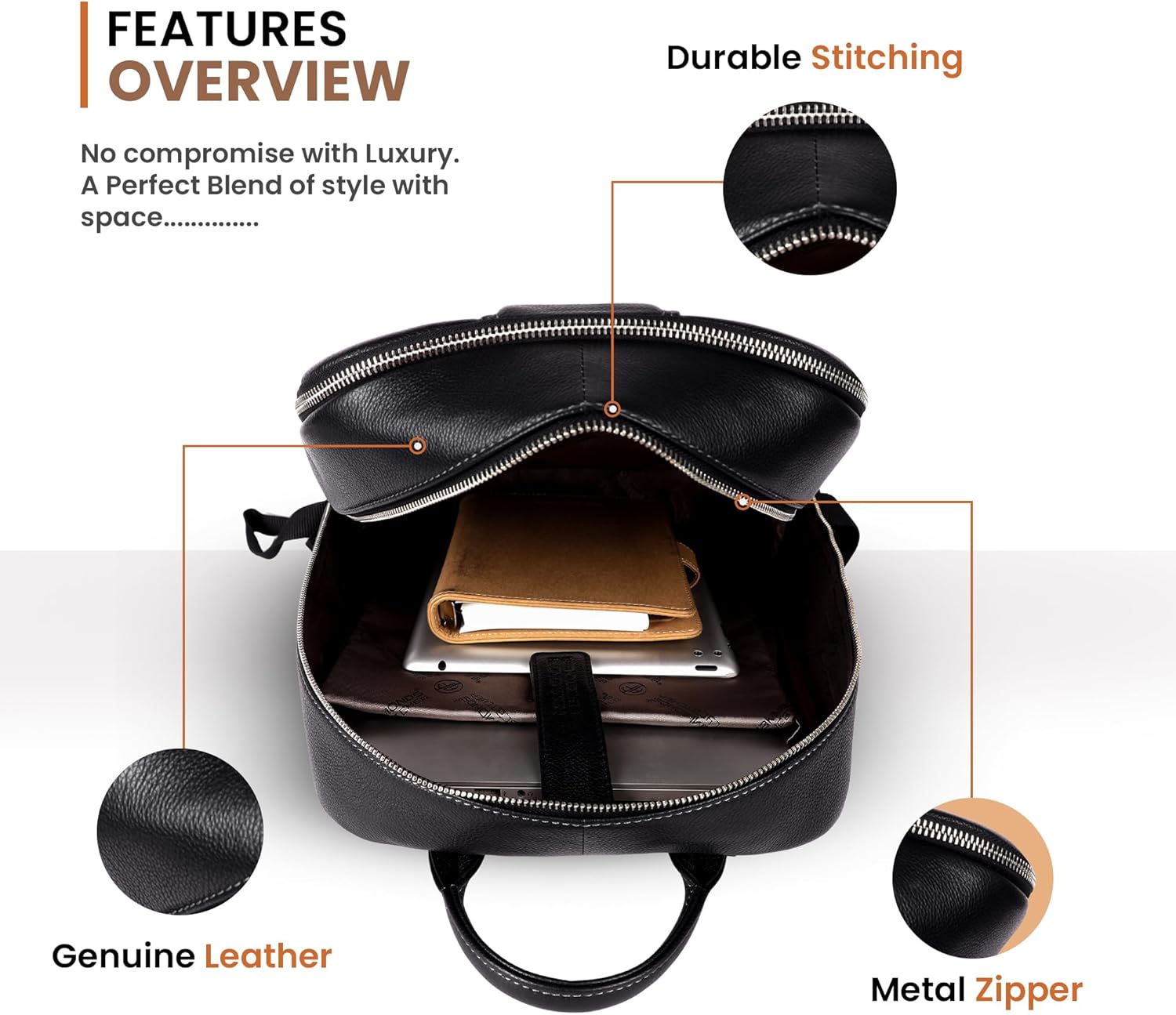 Hammonds Flycher Genuine Leather Travel Backpack for Men and Women, Stylish Travel Bag, 14" Laptop Bag, Durable & Spacious Laptop Backpack for Daily & Business Use - Black - Image 5