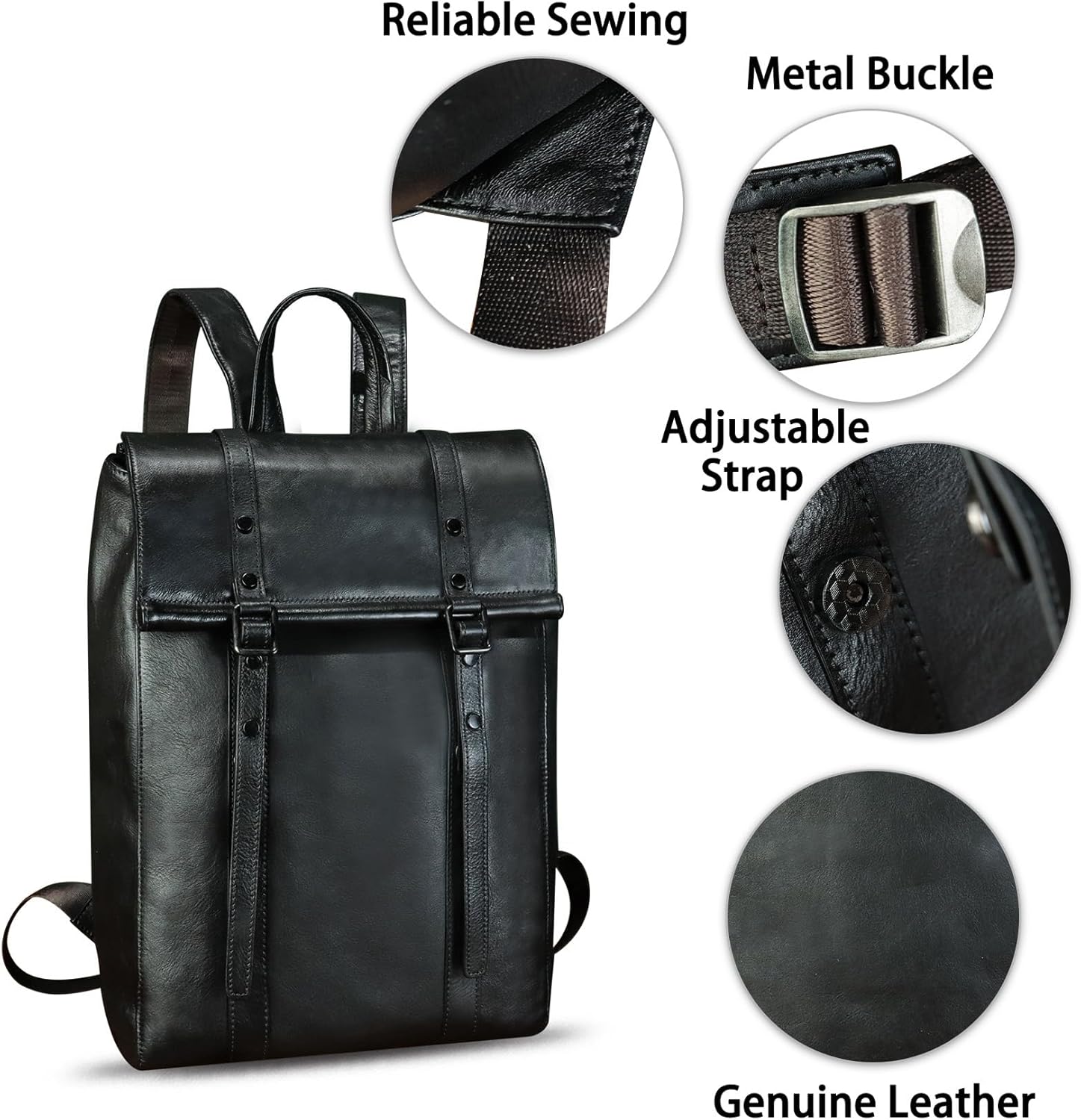 IVTG Genuine Leather Backpack for Men Vintage Handmade Leather Rucksack Knapsack Purse Daypack for Travel Laptop Notebook (Black) - Image 6