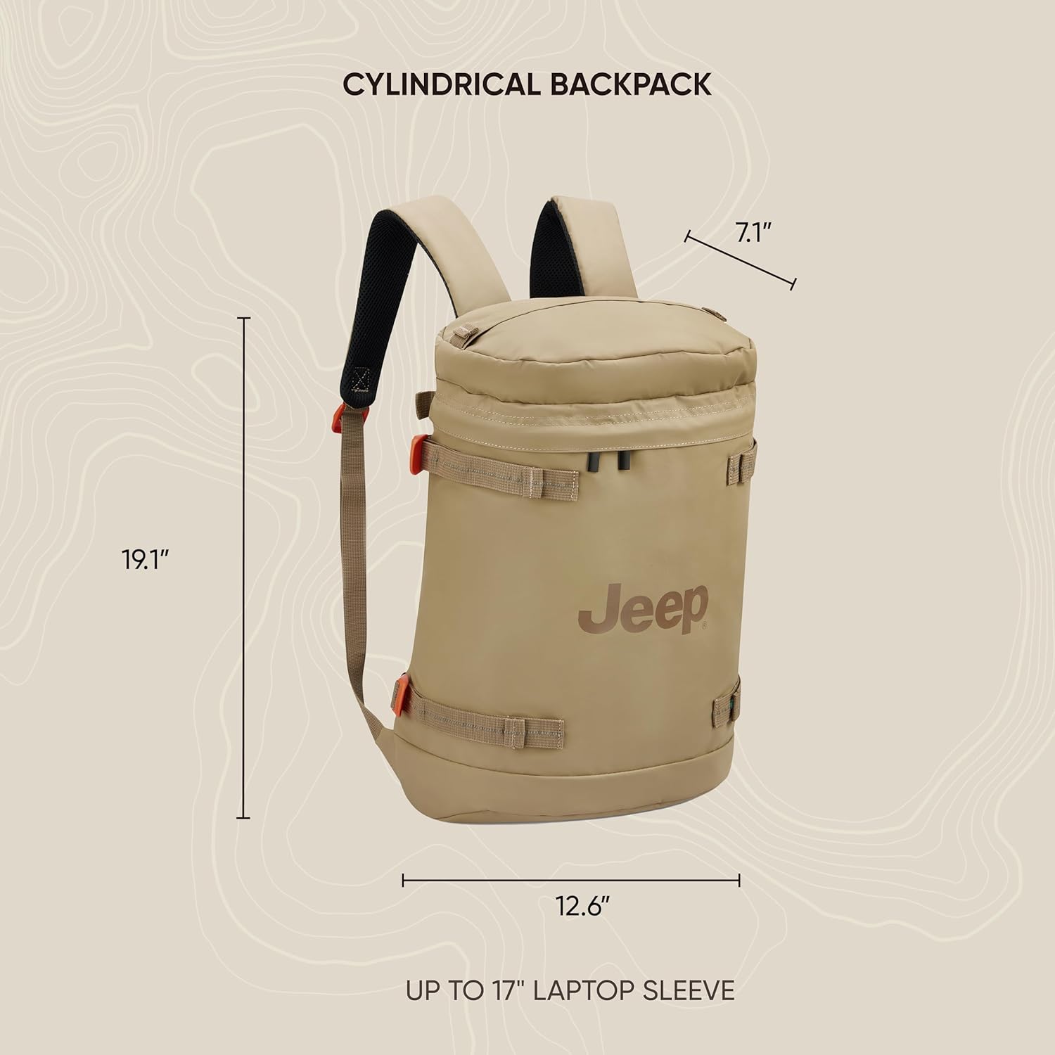 Jeep JS013C Cylindrical Travel Backpack, Black, 17" Laptop - Image 3