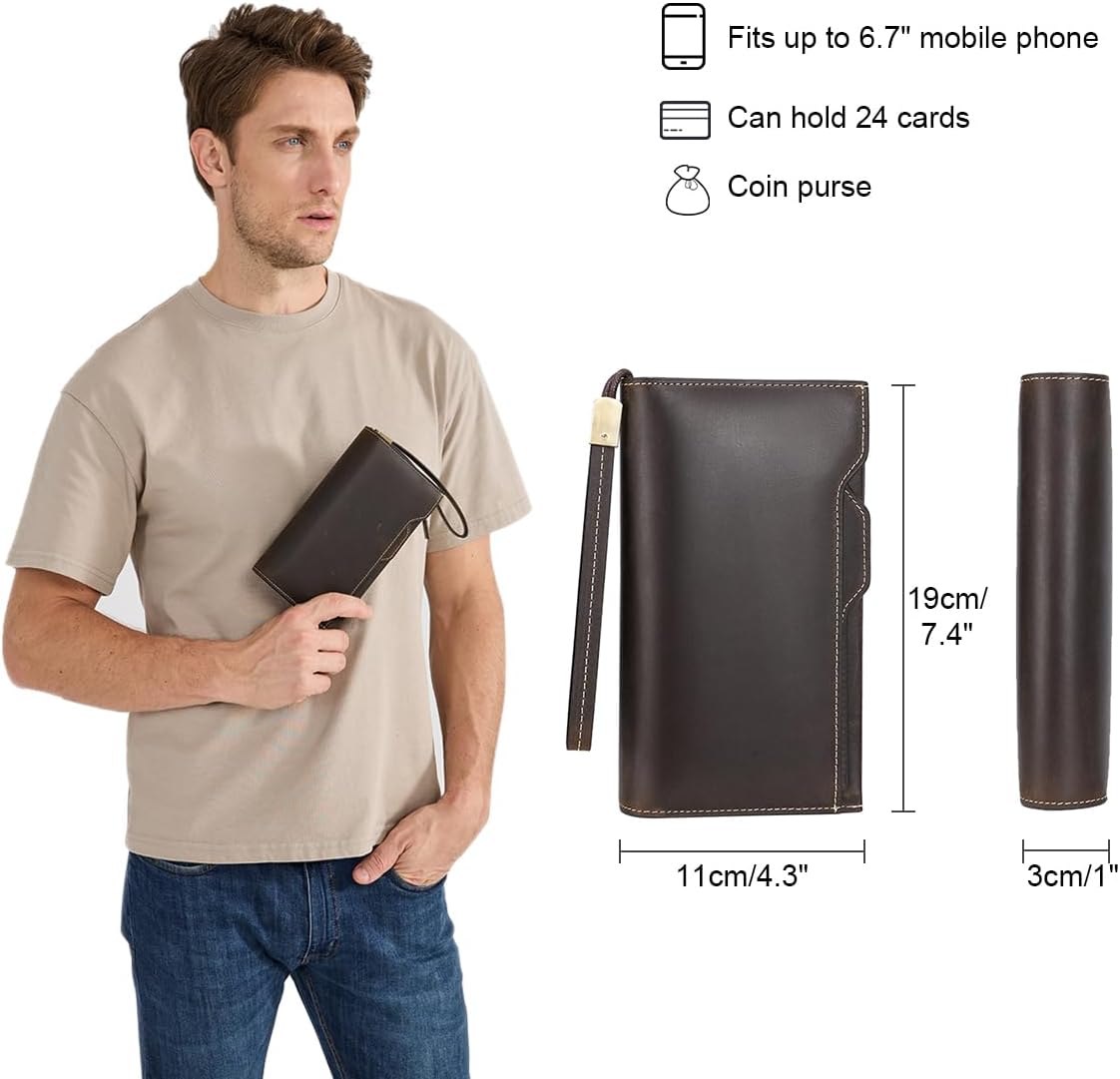 LANNSYNE Vegetable Tanned Leather Expandable Backpack for men & Grain Leather Travel Passport Long Wallet for Men/Women RFID Blocking - Image 2