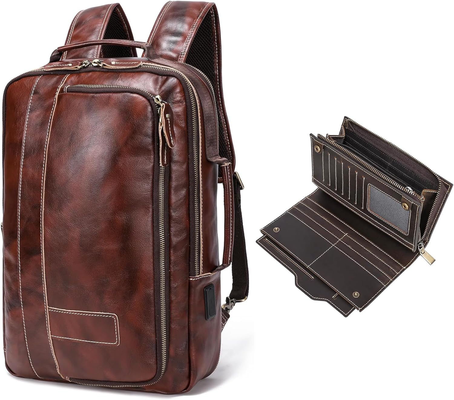 LANNSYNE Vegetable Tanned Leather Expandable Backpack for men & Grain Leather Travel Passport Long Wallet for Men/Women RFID Blocking