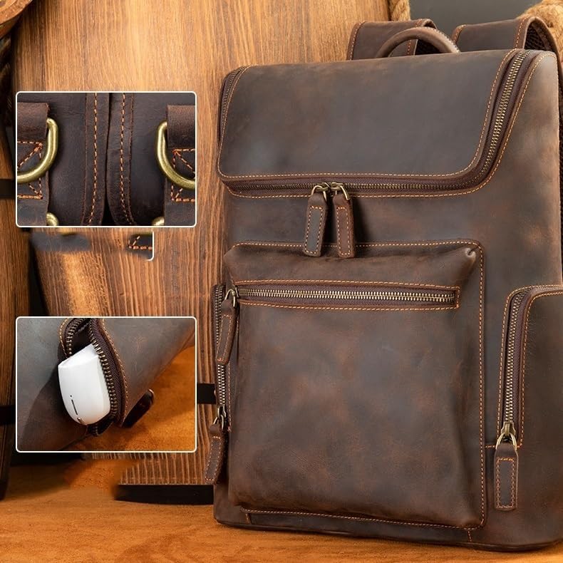 Men Leather Briefcase Men's Large Laptop Backpack Casual Daypack Multi-Compartment Rucksack Bookbag Capacity School Work Backpack for Travel and Camping - Image 5