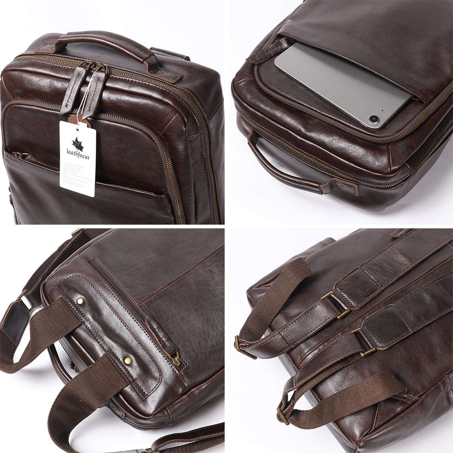 Men's Vintage Leather Backpack Classic 15.6 Inch Genuine Leather Laptop Backpack Business Travel Office Daypack Bag(Dark Brown) - Image 7