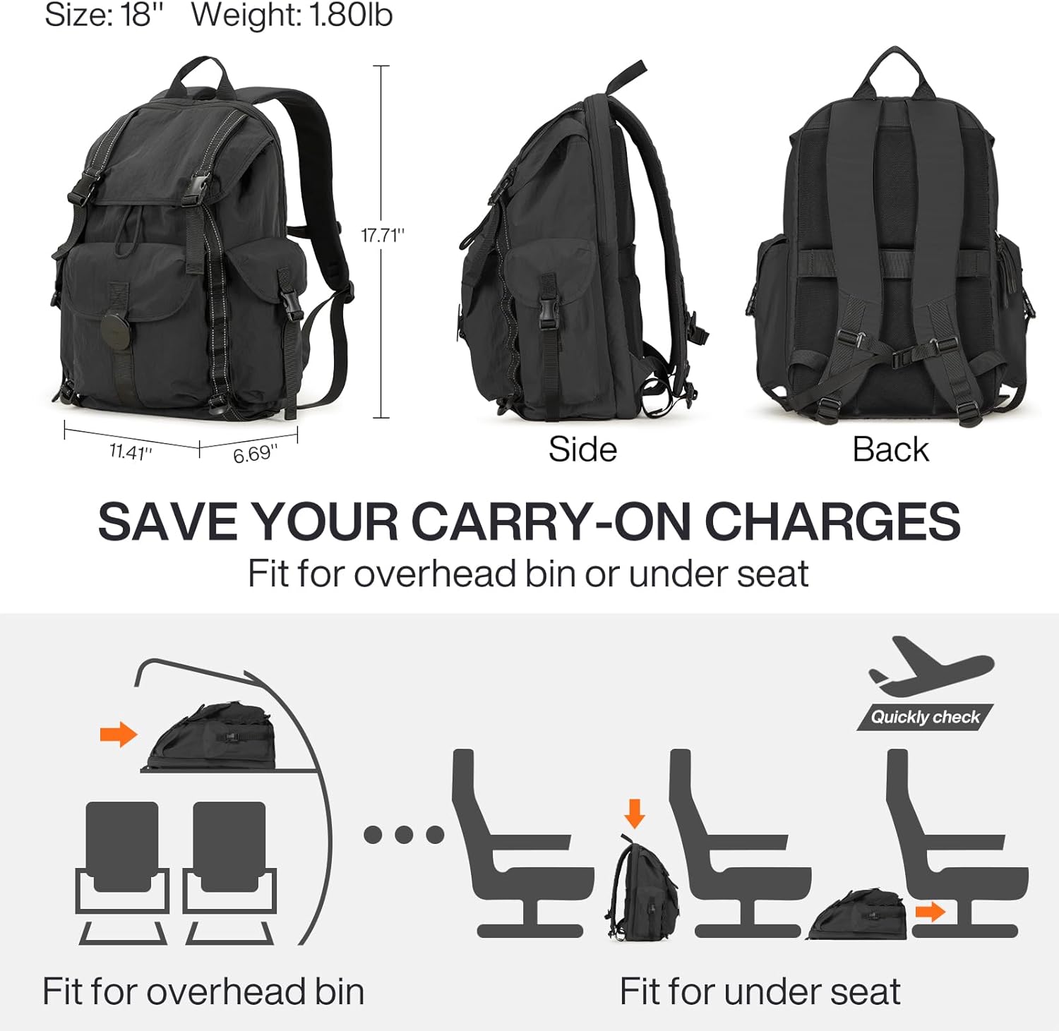mixi Travel Backpack for Women Men, 18 Inch Carry On Laptop Backpack Black i##e##s: Flight Approved ^^ "fits 16 Laptop" ^^ Lightweight ^^ Waterproof ^^ Hiking Backpack ^^ Travel ^^ Outdoor ^^ Business ^^ Casual ^^ Daypack :i##e##s - Image 5
