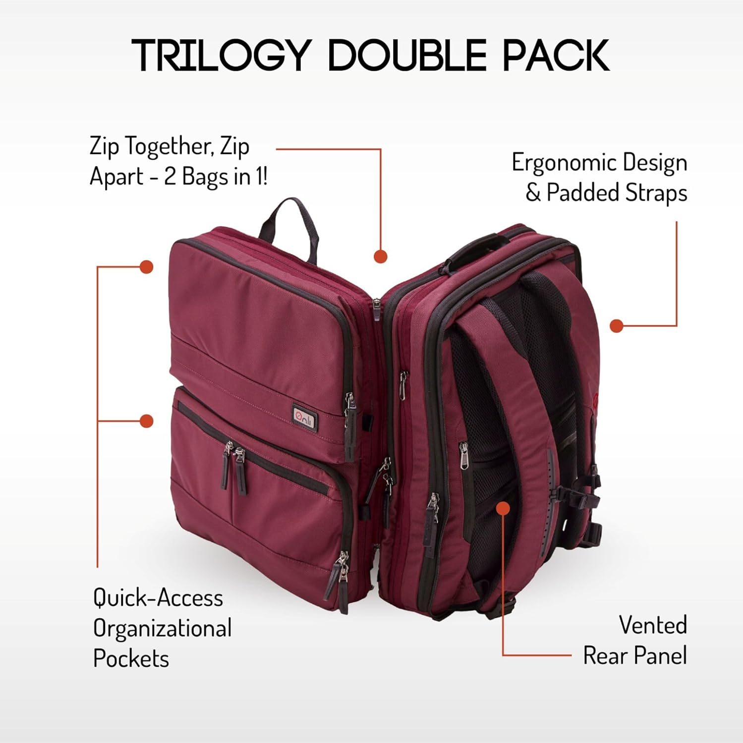 ONLI TRAVEL Trilogy Double Pack - World class multiple use backpack - expands into a weekender bag - splits into two seperate bags - handles two 17\u201D laptops and two tablets (Red) - Image 2