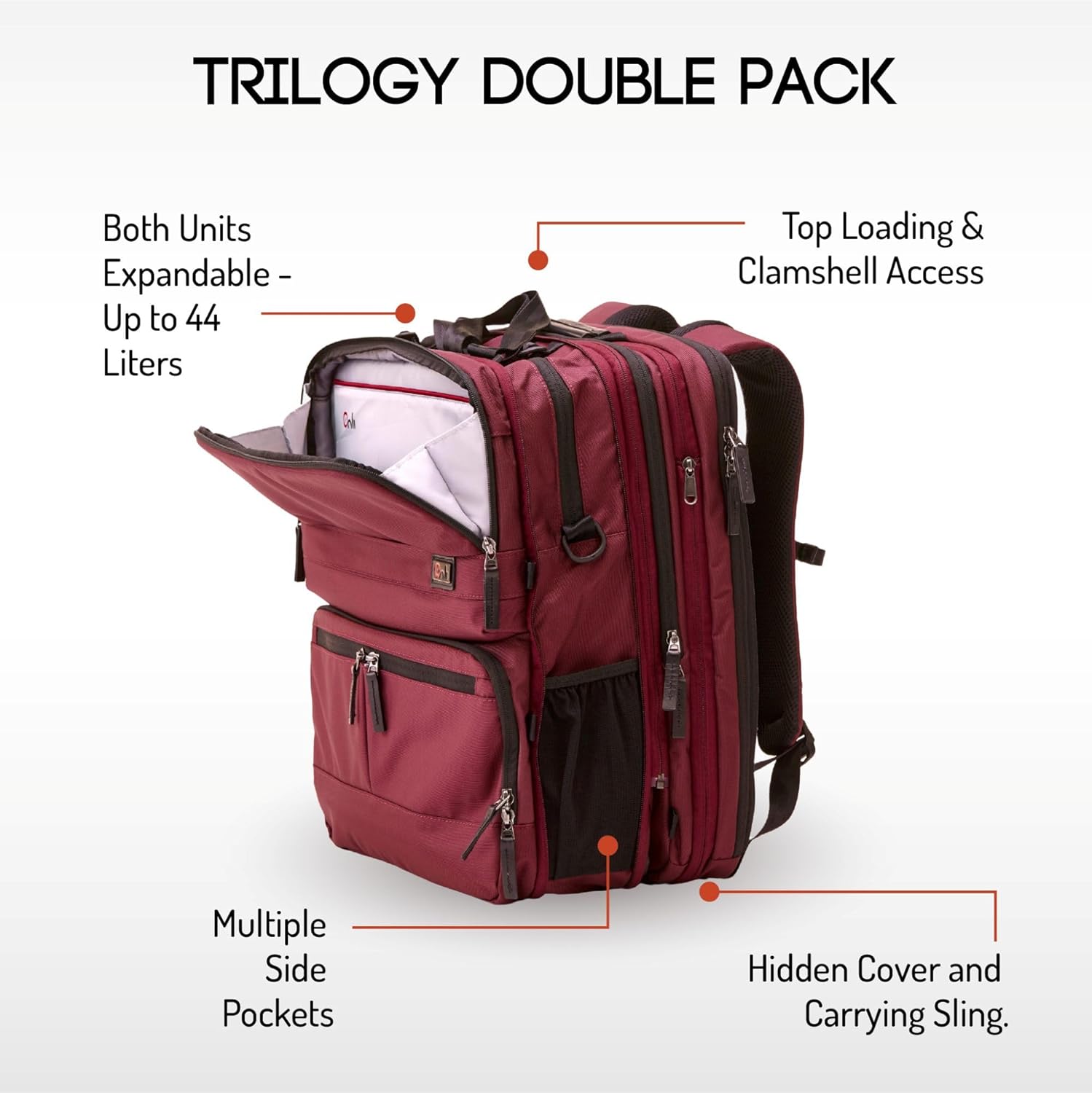 ONLI TRAVEL Trilogy Double Pack - World class multiple use backpack - expands into a weekender bag - splits into two seperate bags - handles two 17\u201D laptops and two tablets (Red) - Image 3