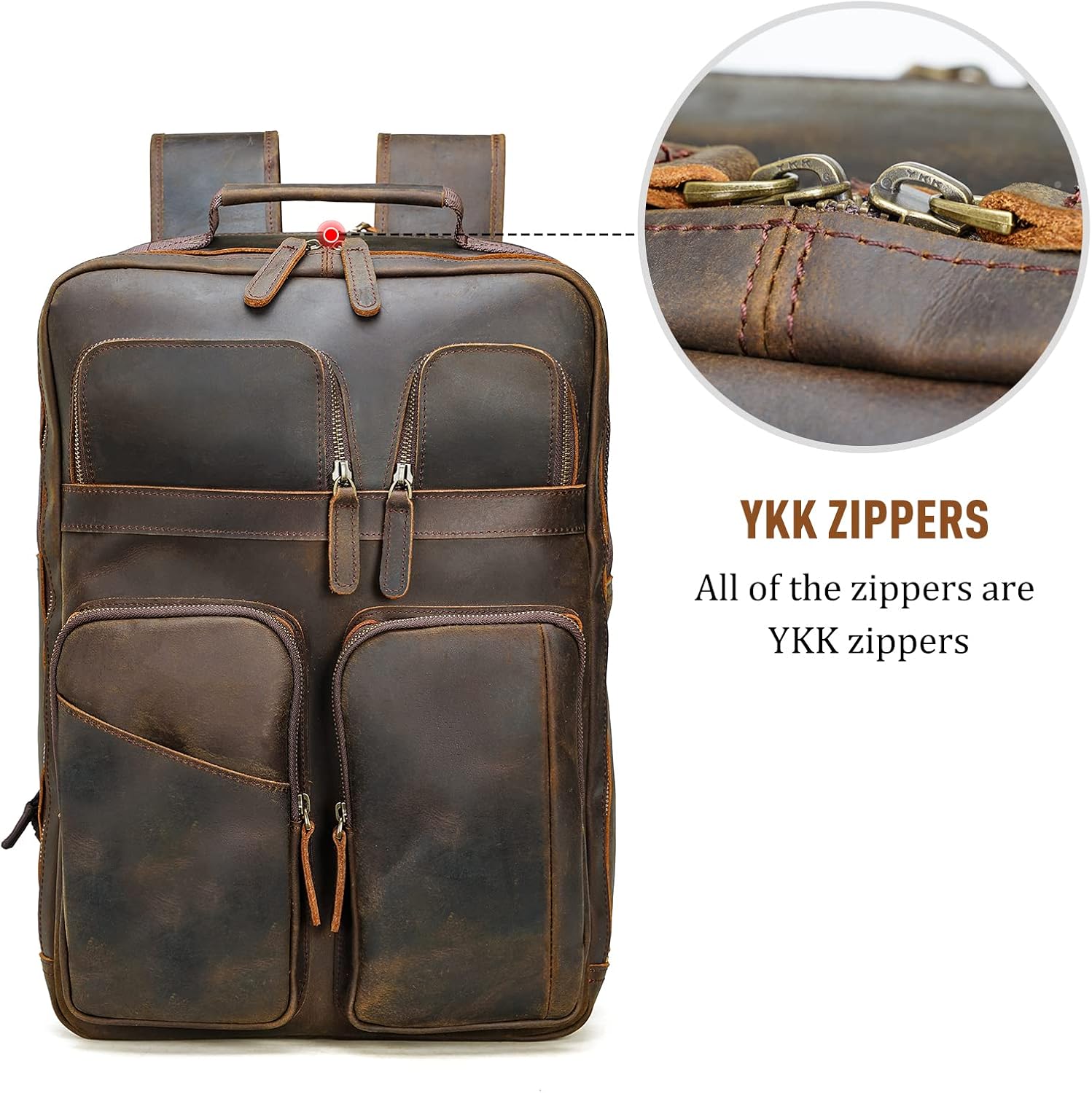 Polare 17.3 Inch Full Grain Leather Backpack for Men and Women Multi Pockets Business Travel Laptop Rucksack (Brown) - Image 4