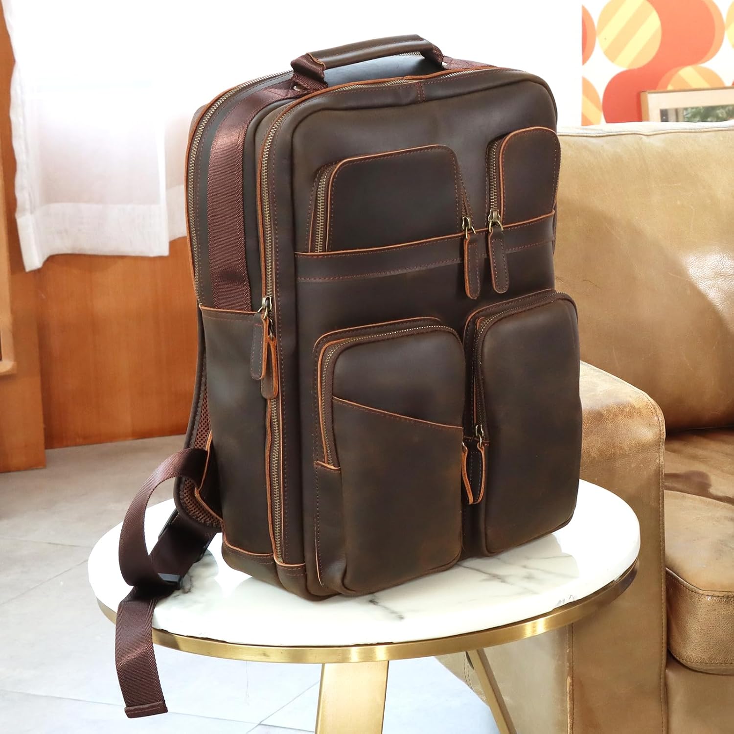 Polare 17.3 Inch Full Grain Leather Backpack for Men and Women Multi Pockets Business Travel Laptop Rucksack (Brown) - Image 7