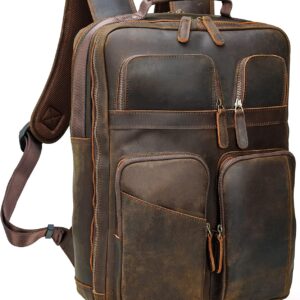Polare 17.3 Inch Full Grain Leather Backpack for Men and Women Multi Pockets Business Travel Laptop Rucksack (Brown)