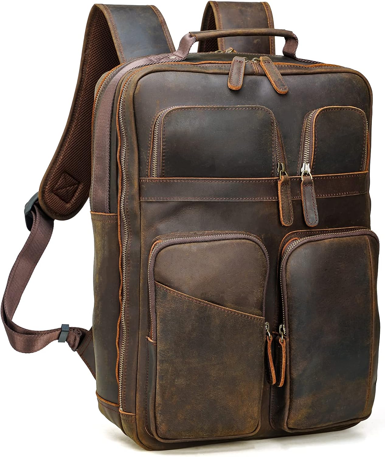 Polare 17.3 Inch Full Grain Leather Backpack for Men and Women Multi Pockets Business Travel Laptop Rucksack (Brown)