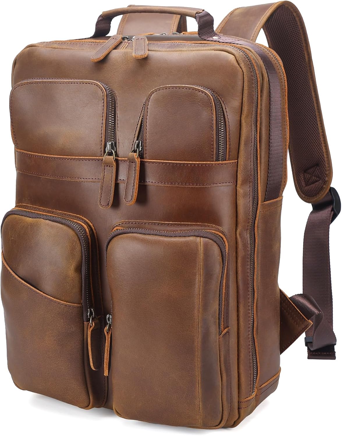 Polare 17.3 Inch Full Grain Leather Backpack for Men and Women Multi Pockets Business Travel Laptop Rucksack (Brown) - Image 10
