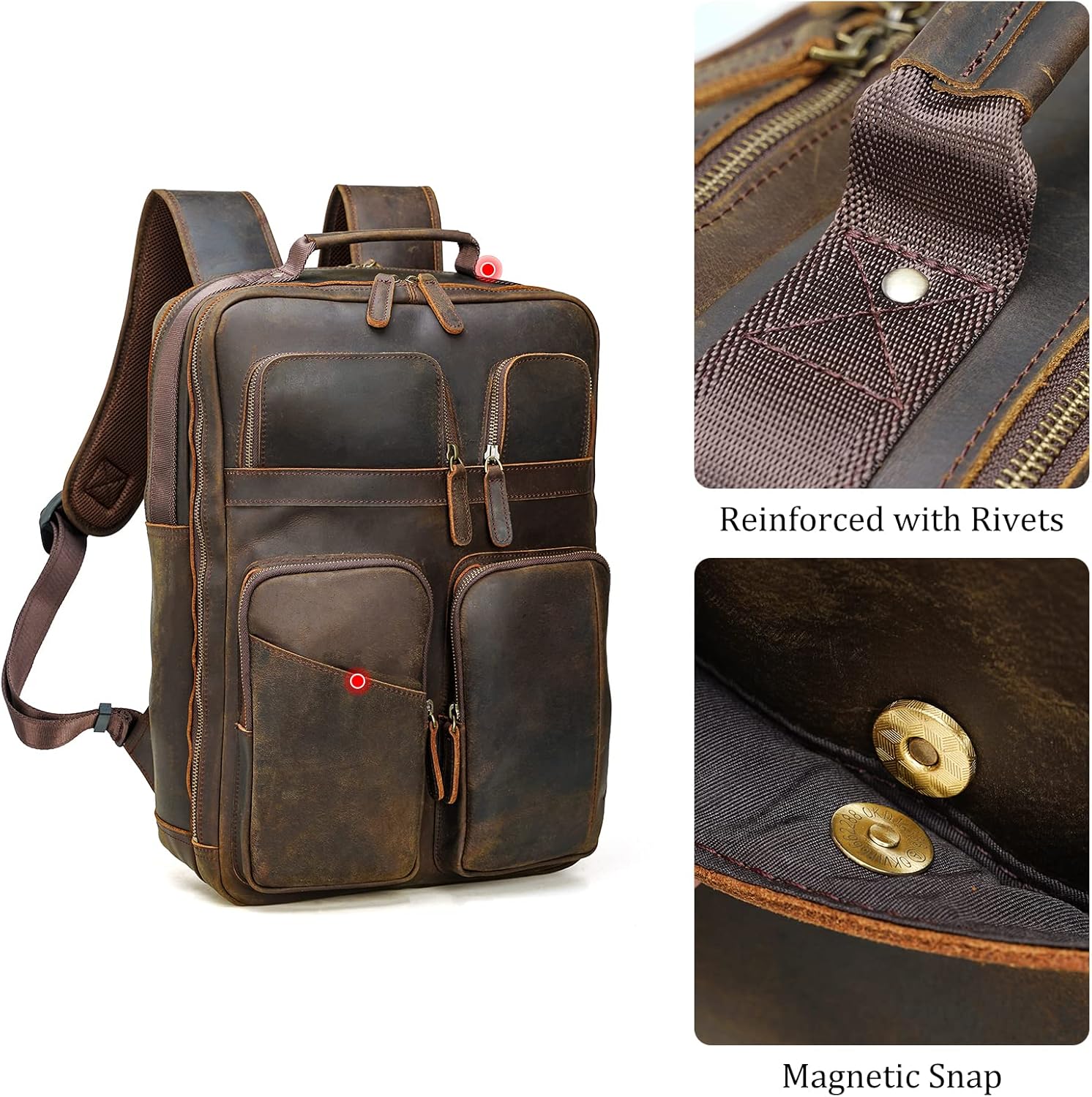 Polare 17.3 Inch Full Grain Leather Backpack for Men and Women Multi Pockets Business Travel Laptop Rucksack (Brown) - Image 9