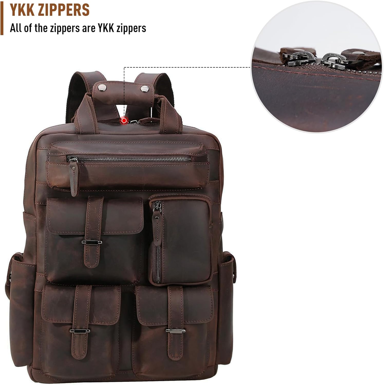 Polare Cowhide Leather Multiple Laptop Backpack Day pack Travel Bag Satchel with YKK Metal Zippers - Image 2
