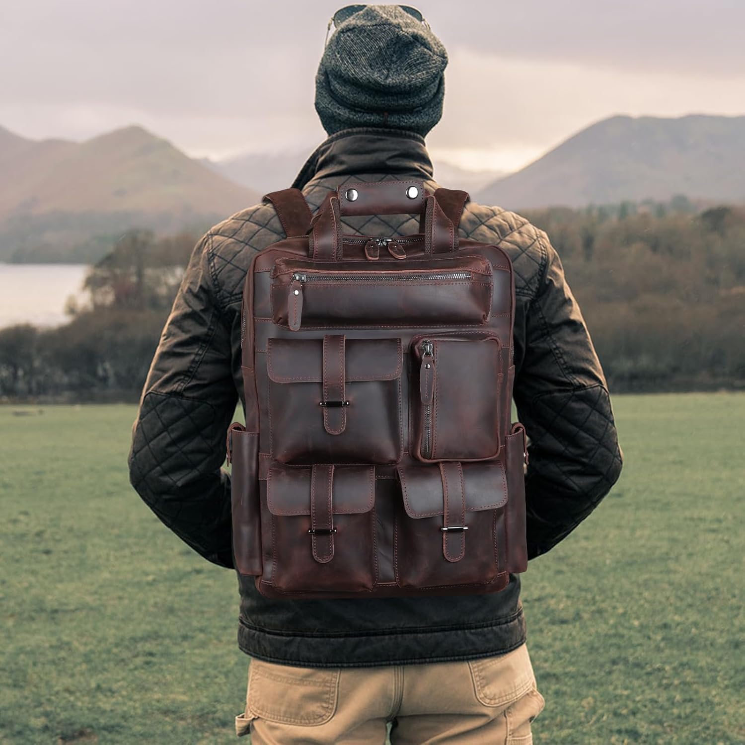 Polare Cowhide Leather Multiple Laptop Backpack Day pack Travel Bag Satchel with YKK Metal Zippers - Image 7