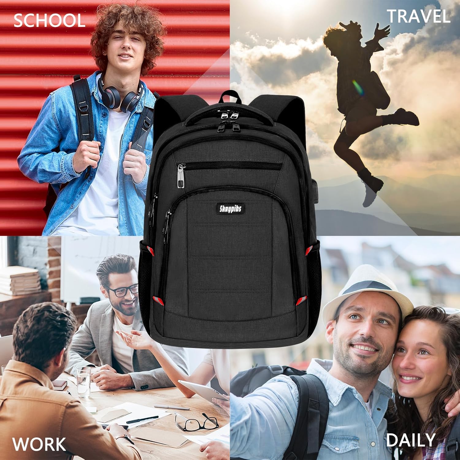 Skaypibs Laptop Backpack for Men Black Fits 15.6 Inch i##e##s: School Backpack ^^ with USB Charging Port ^^ Water Resistant Backpack ^^ for teens boys ^^ Business Work College bookbag ^^ book bag ^^ Back Pack :i##e##s - Image 3